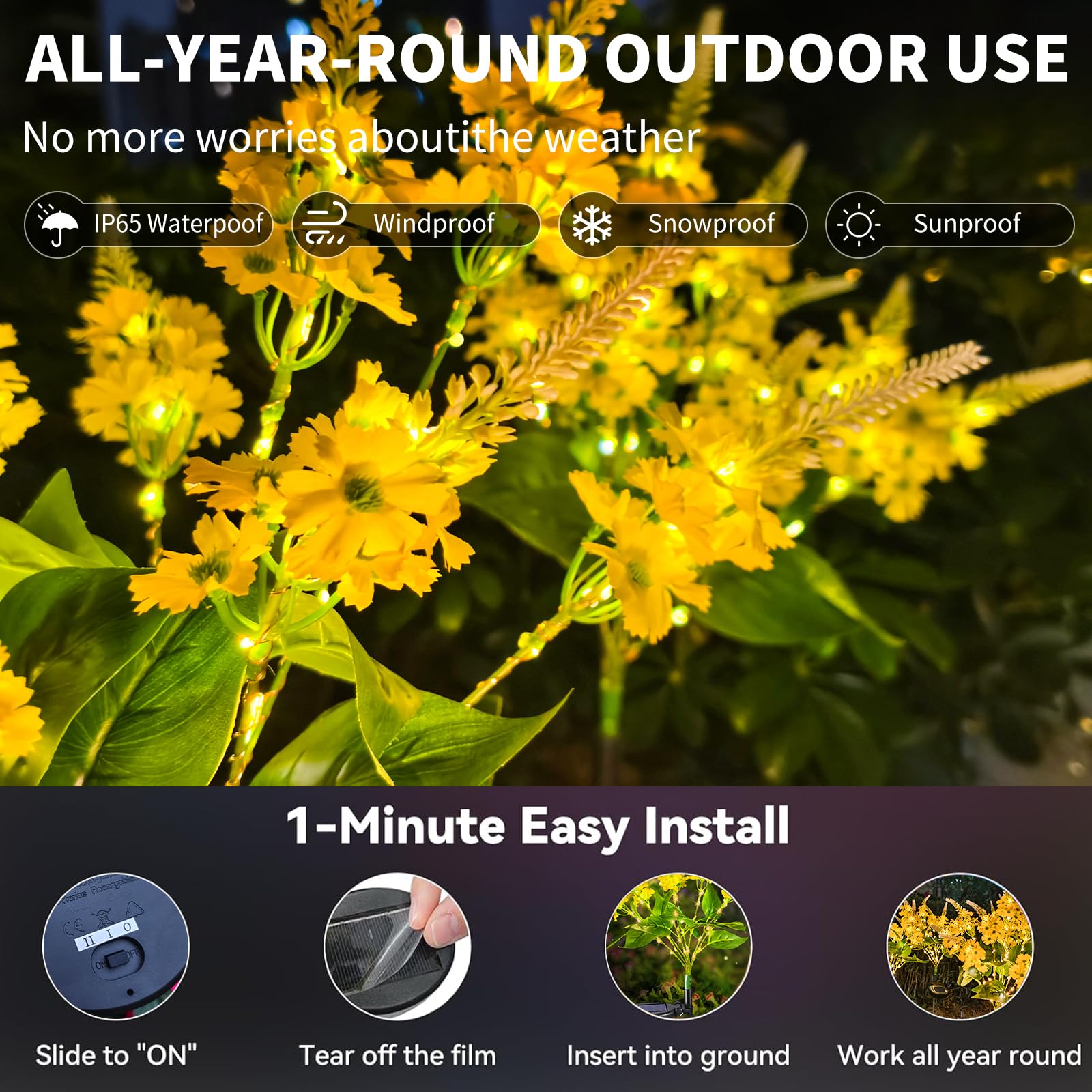 Neporal Solar Flowers - Outdoor Waterproof Decorative Garden Lights, 8-Stem, 2 Lighting Modes, Yellow
