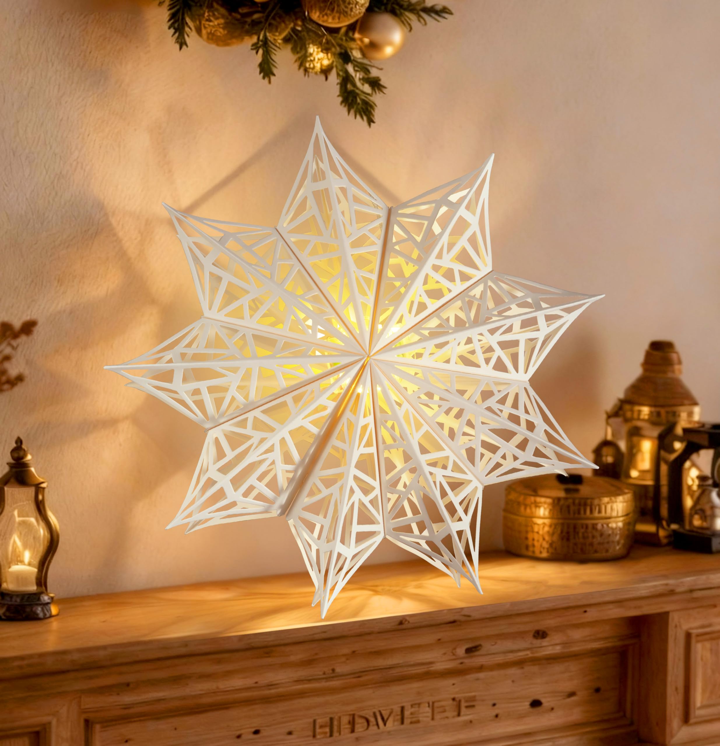 OuMuaMua 10 Pcs Christmas Paper Snowflake Lanterns - Large White Star Lanterns with LED Lights for Holiday Party Decorations