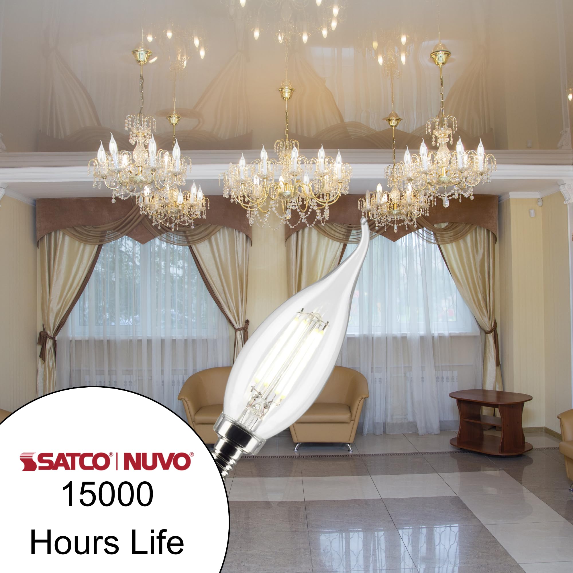 Satco 5.5Ca10/Led/930/Cl/120V/E12 - Part Number S21305-5.5 Watt Led Candelabra Bulb With Clear Finish, 90 Cri, 3000K Soft White,