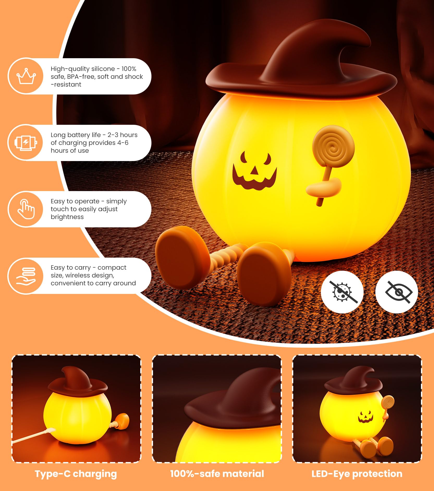 CuieTuee Pumpkin Night Light, USB-Charged, Touch-Controlled, 3-Level Brightness, Small, Orange, Model: cuie-night light-us