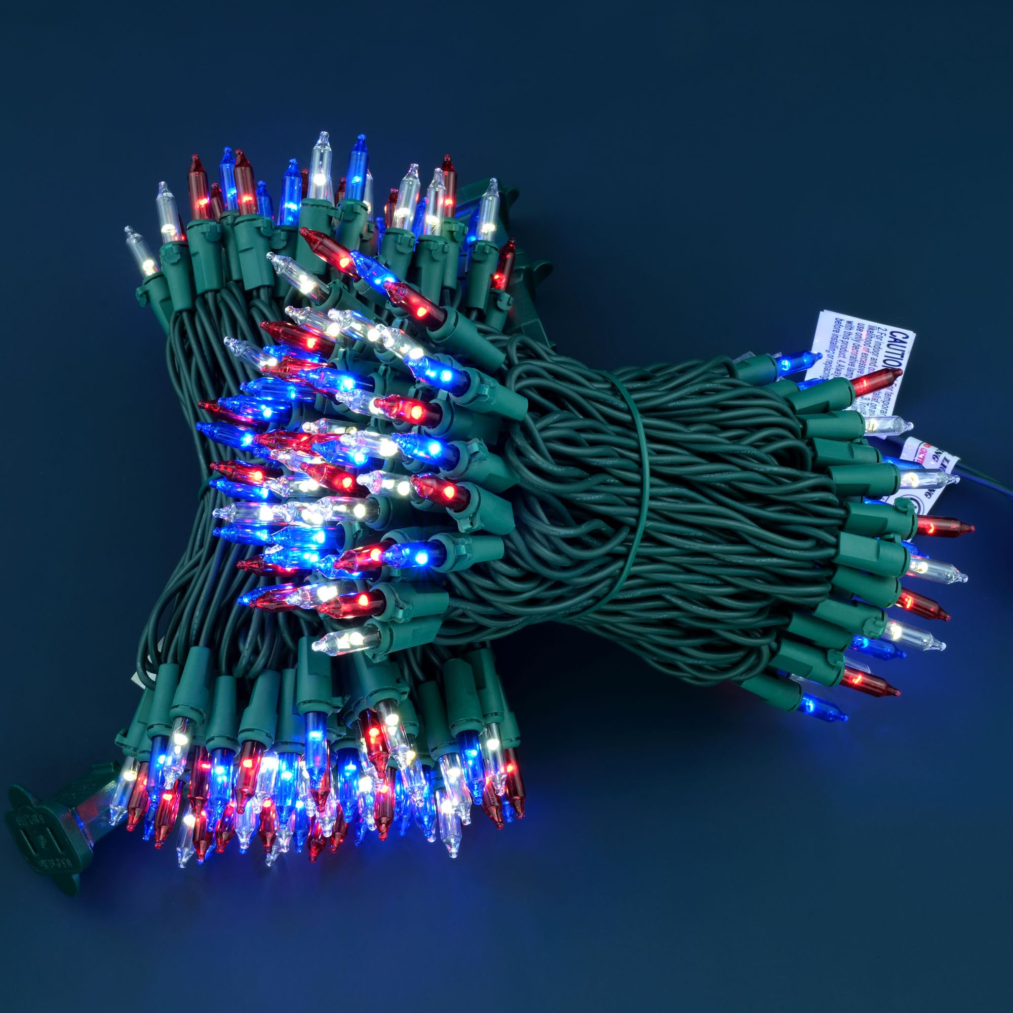 YULETIME 200 Red White & Blue Christmas Lights, 33 Feet, 100 Count, UL Certified, Copper Wire and Glass Bulbs