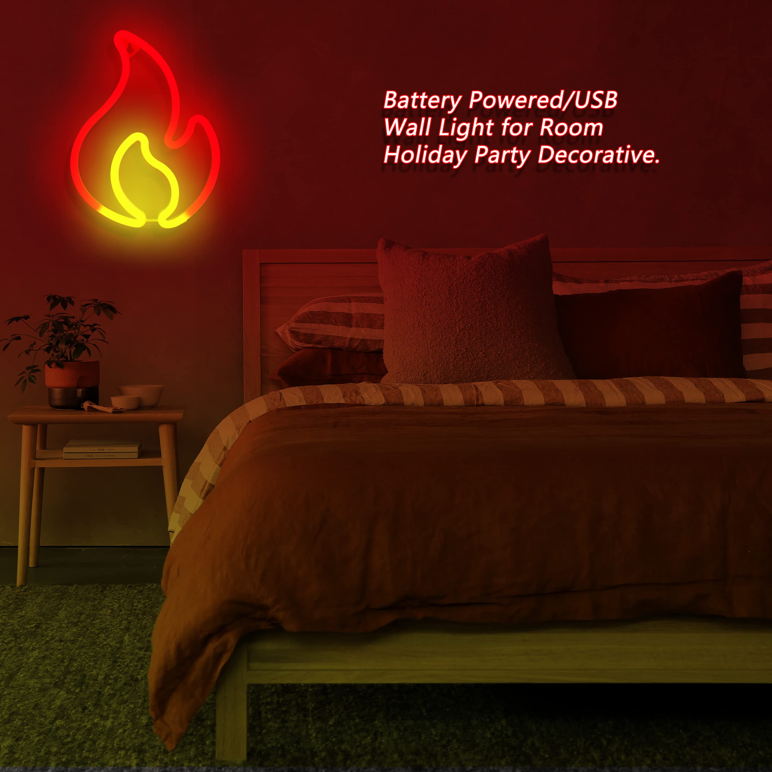 Bernicekelly Flame Neon Sign - Led Wall Decor, Usb/Battery Powered, Red + Yellow Fire Light