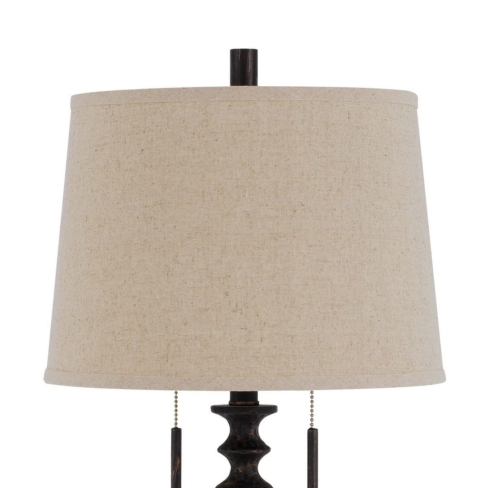 Benzara Table Lamp with Tubular Resin Support, Pull Chain, Dark Bronze, Model BM241869, Plastic/Metal/Fabric