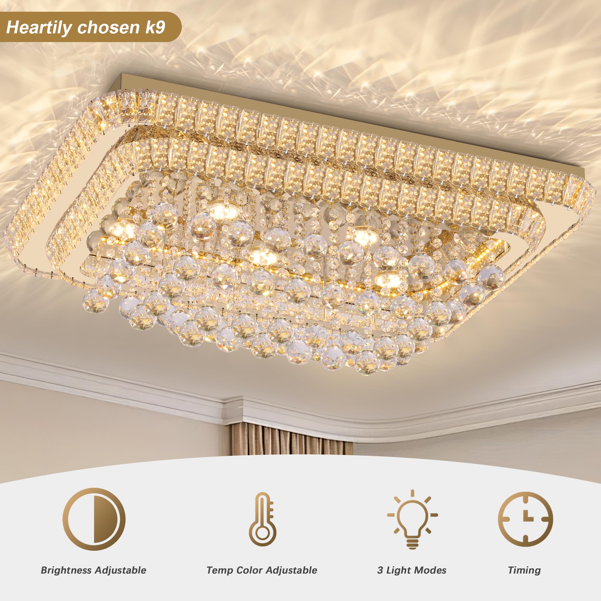32 inch Crystal Flush Mount Chandelier, Modern Raindrop Crystal Gold Chandeliers with Remote and APP, 3 Colors Temp & Brightness