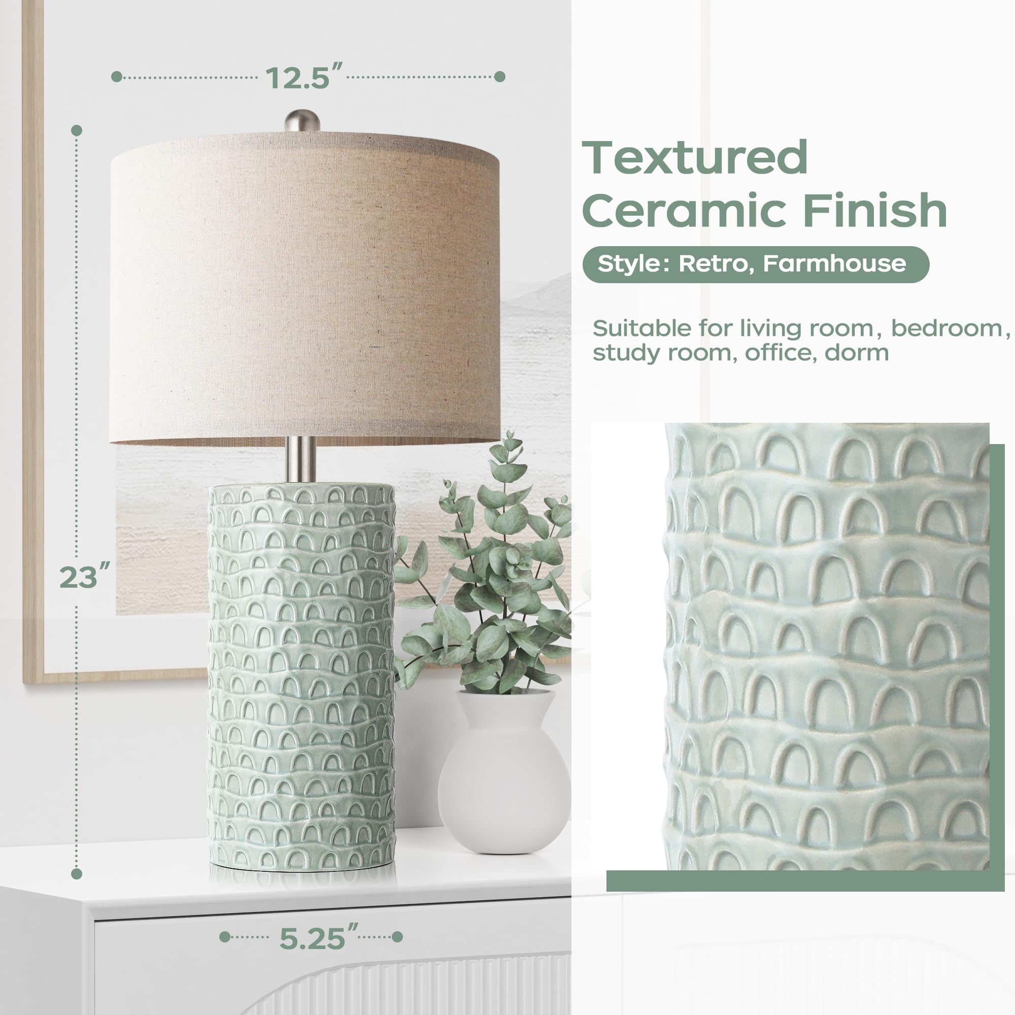 Partphoner 23'' Modern Ceramic Table Lamp Set Of 2, Table Lamps For Living Room, Rustic Farmhouse Bedside Lamps Nightstand Lamp