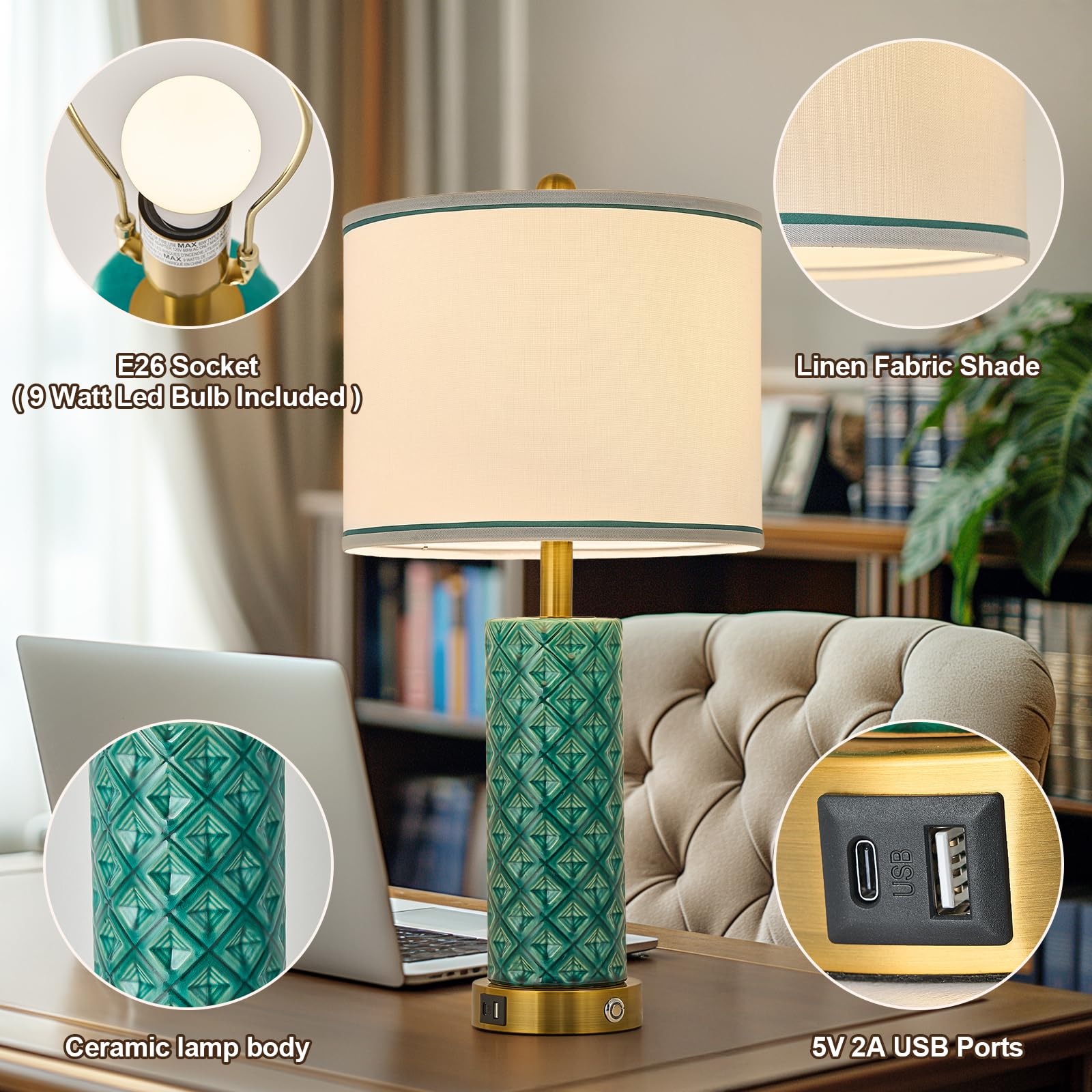 Bdayanx Set Of 2 Table Lamp For Living Room Bedroom Farmhouse,26'' Touch Control Bedroom Turquoise Ceramic Lamps 3-Way Dimmable