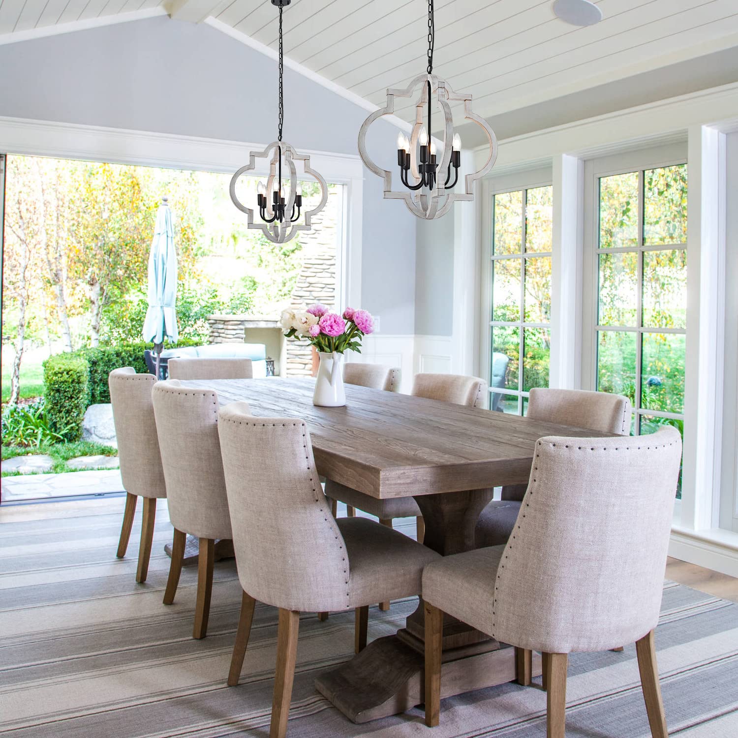 lighceac 6-Light Farmhouse Orb Chandelier, Distressed White Wood, 21" Pendant Light for Dining Room, Kitchen, Bedroom, Foyer