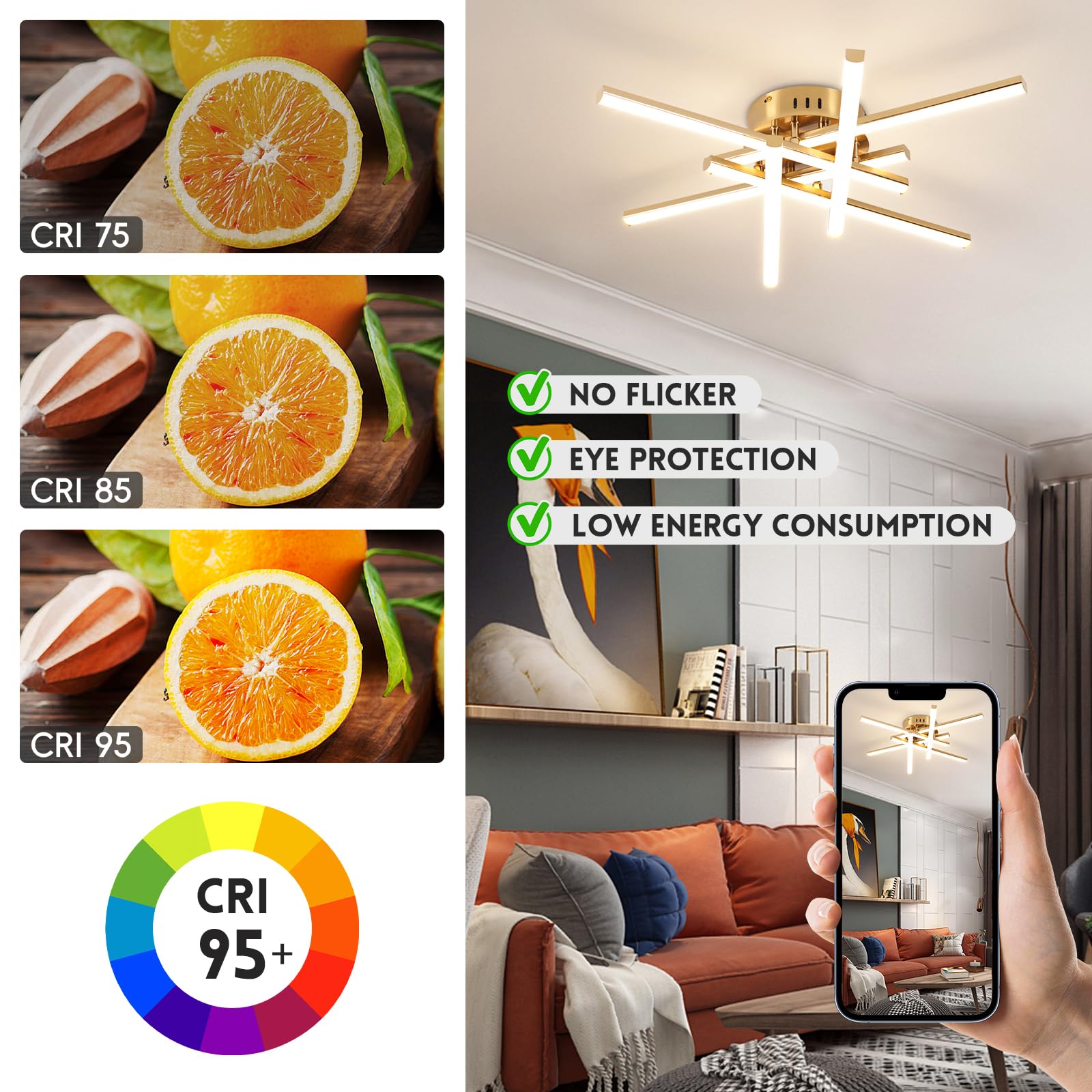 CANEOE Modern Led Ceiling Light, 6-Lights Gold Sputnik Semi Flush Mount, Aluminum, Model CL-6TXGD-D