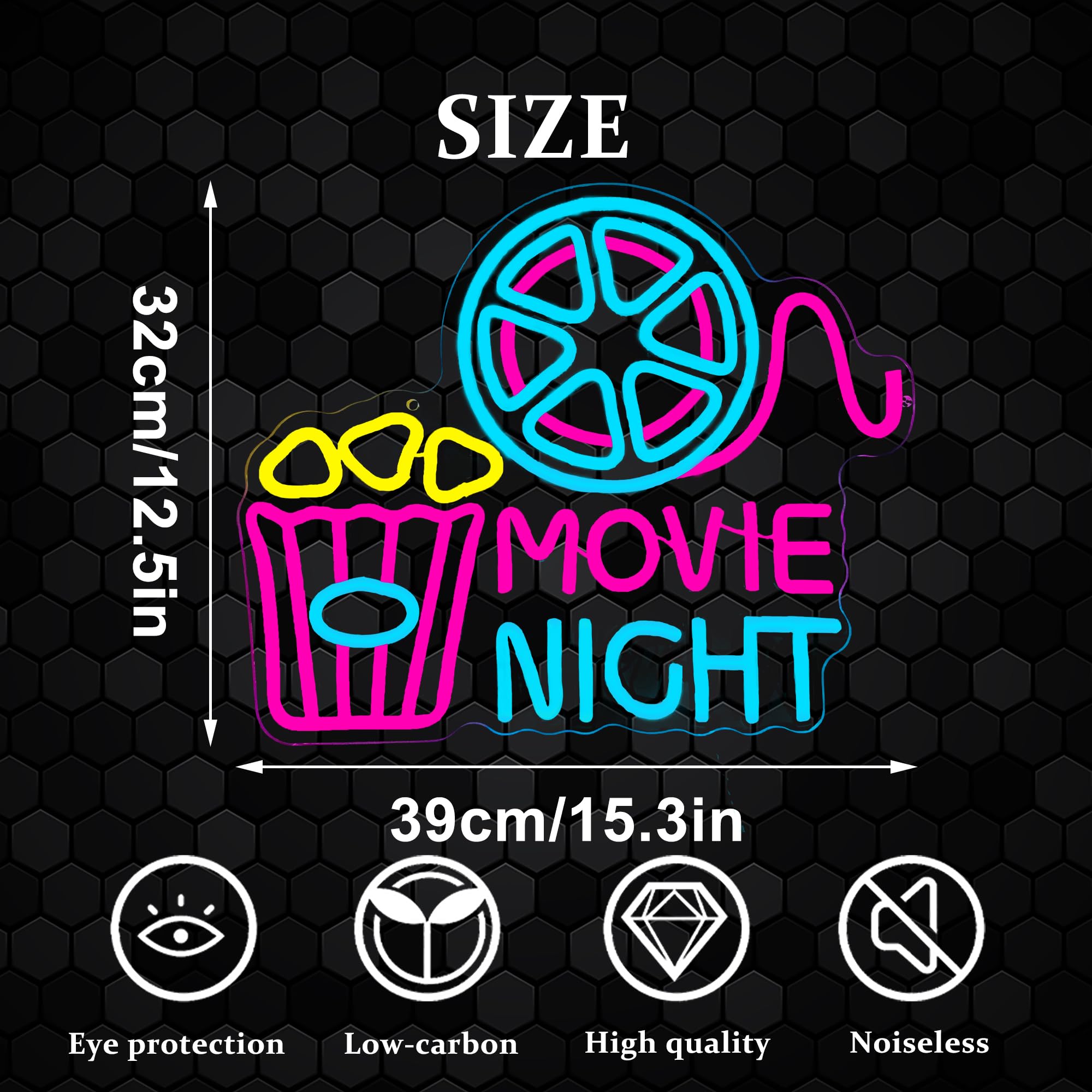 Dracey Movie Night Neon Sign, Dimmable LED Light, 12.5x15.3in, Acrylic, Color: Movie Night, Model: Dracey