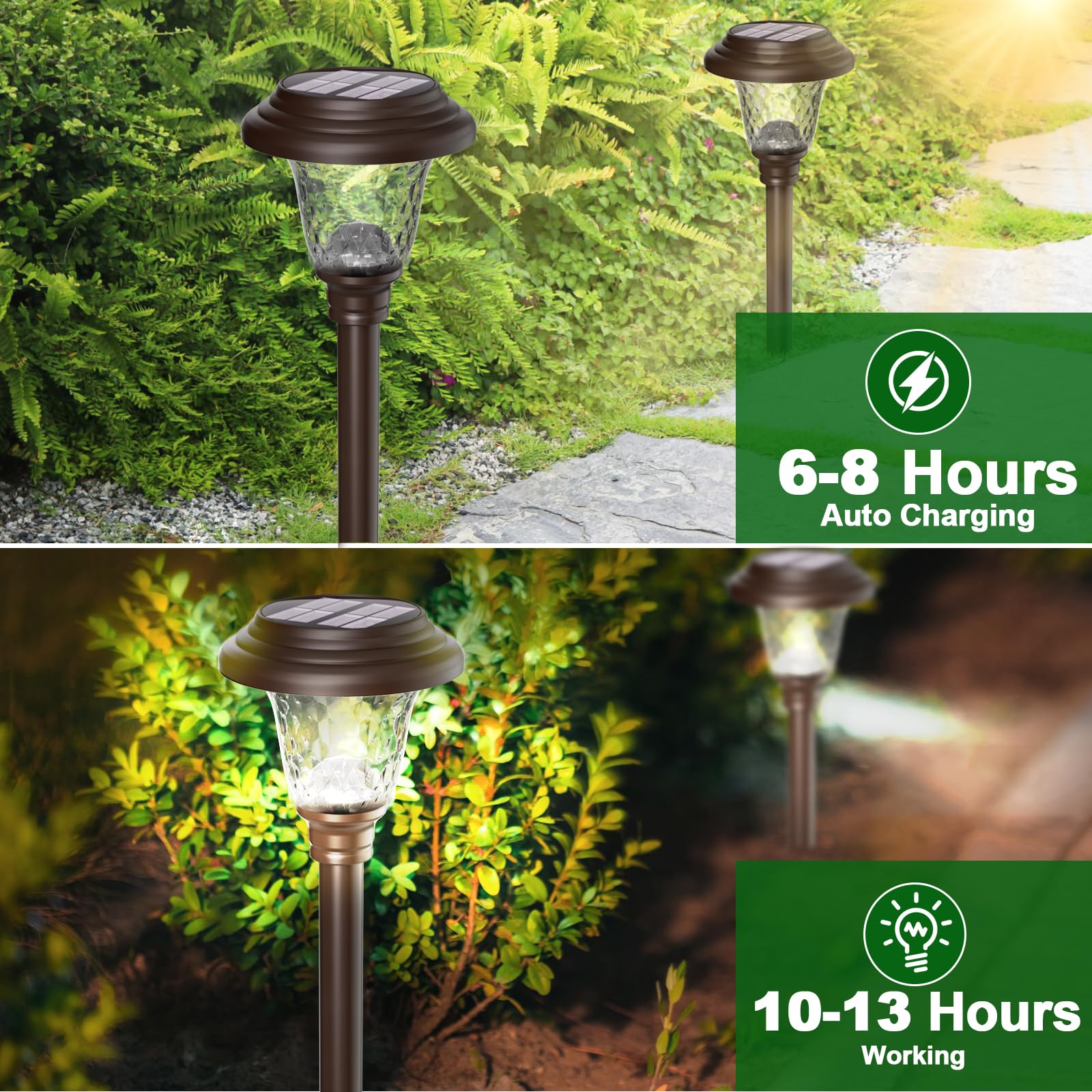 BEAU JARDIN 8 Pack Solar Pathway Lights, Waterproof Glass, High Lumen, Color Changing, Bronze - Ideal for Garden, Yard, Patio & Walkway