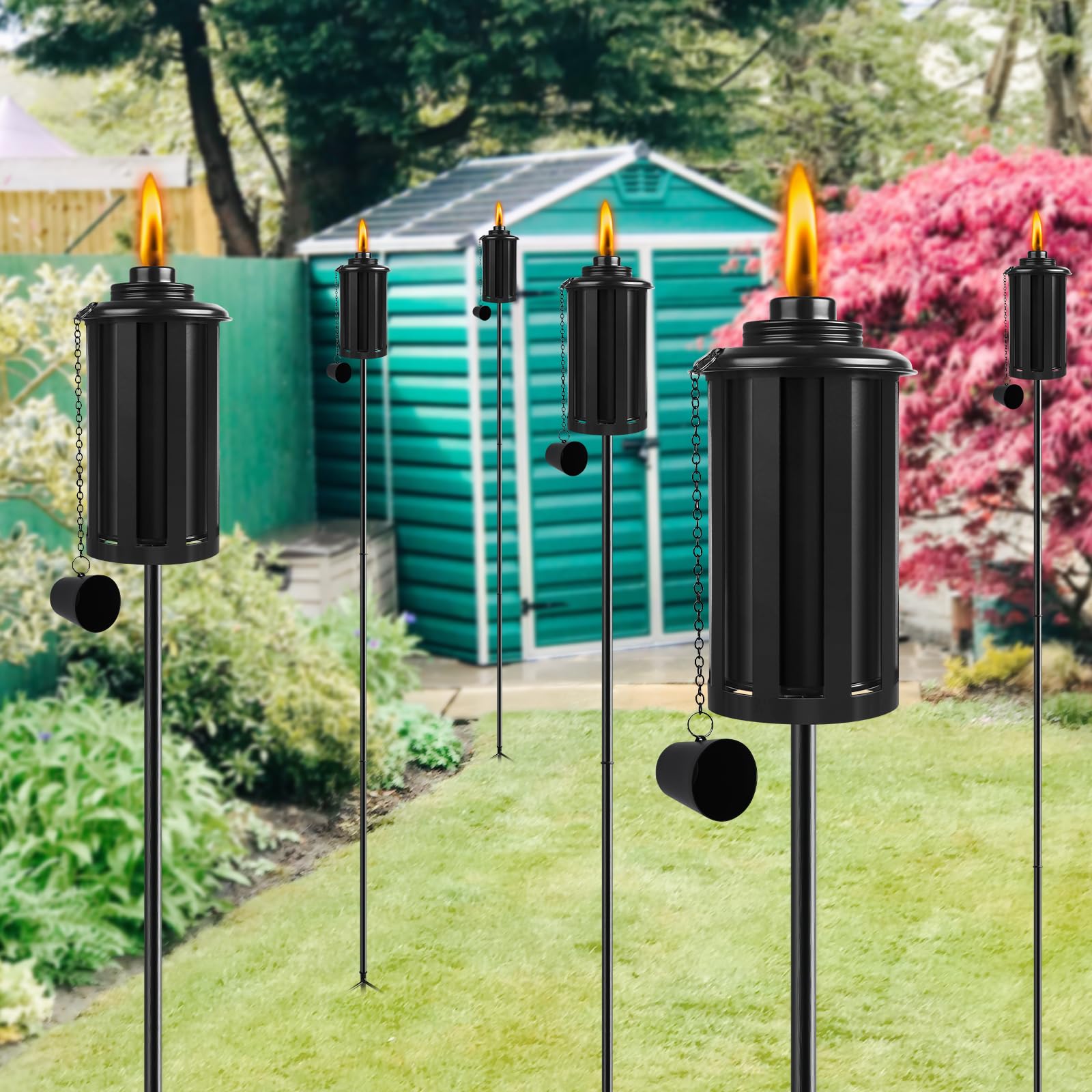 Falbawr Citronella Torches Set Of 4 - 58&quot; Black Garden Lanterns With Grounded Stake