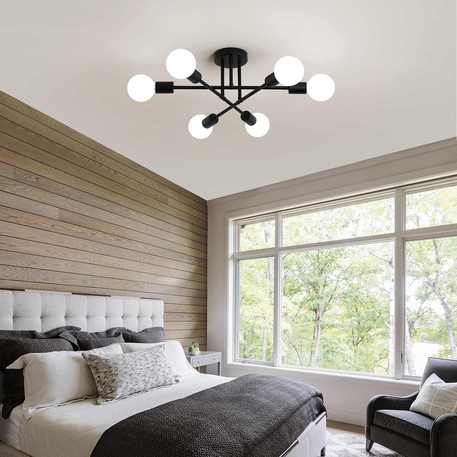 Meixisue Black Modern Sputnik Chandelier Ceiling Light Fixtures,6-Lights Industrial Metal Semi Flush Mount Ceiling Light For Bed