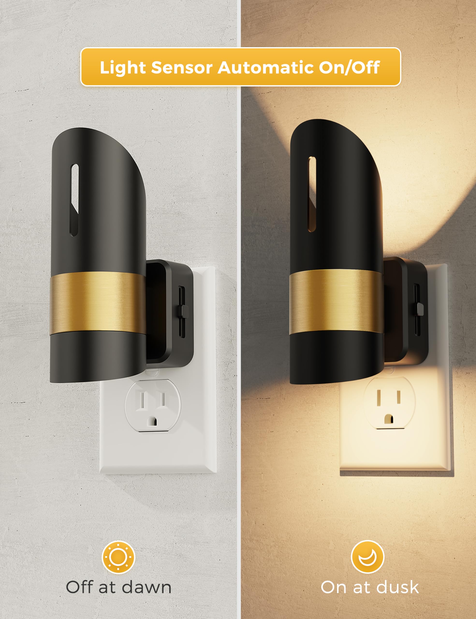 L LOHAS LED Night Light, 2 Pack, Adjustable Brightness, Dusk to Dawn Sensor, 3000K Soft White, Black, Model GY19802-3000K-2