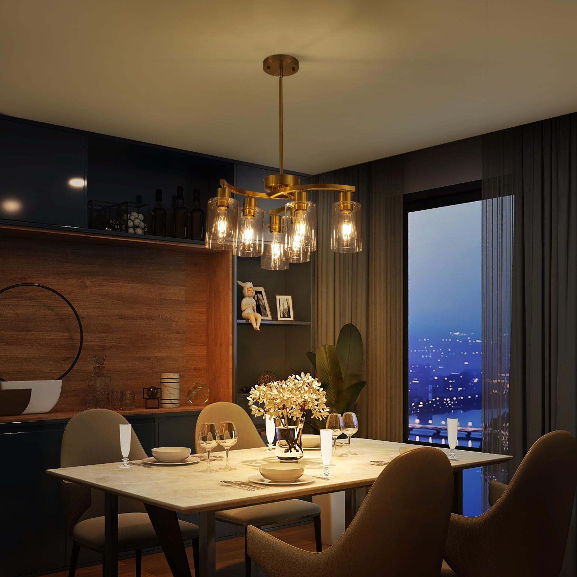 Cnratye 6-Light Gold Chandeliers For Dining Room, Modern Kitchen Island Light Fixtures Over Table, Metal Hanging Pendant Lightin