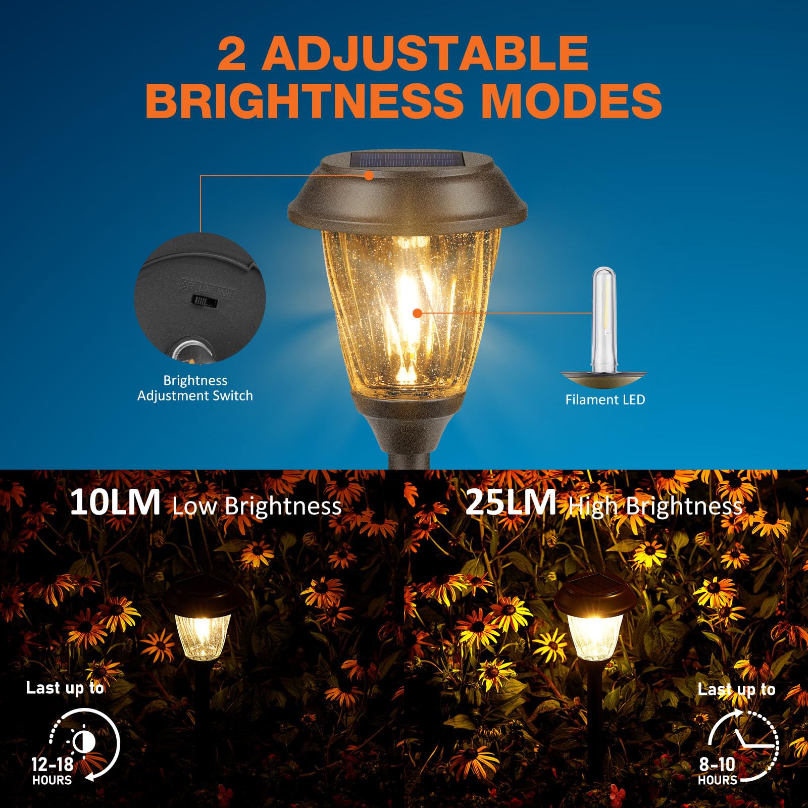 XMCOSY+ Solar Garden Lights, IP65 Waterproof, Stainless Steel, 10/25 LM, Warm White, 6 Pack, Model SL-0204-06, Reddish-B