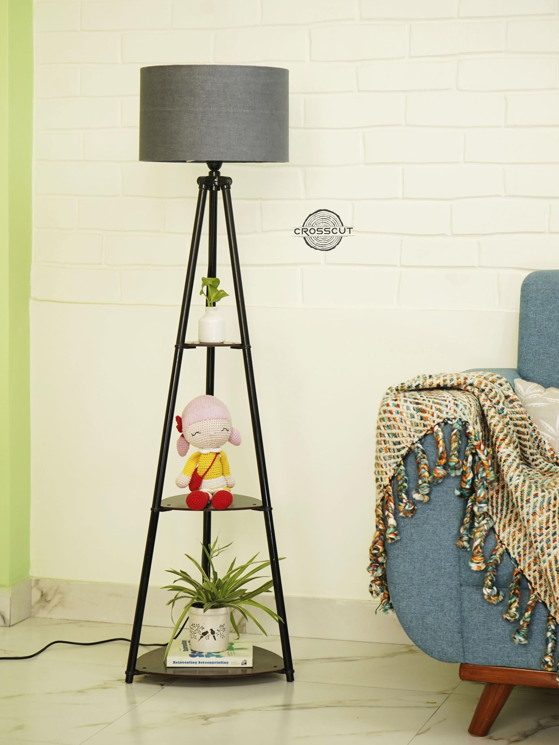 Crosscut Furniture Metal Floor Lamp with 3 shelves (Gothic Grey)