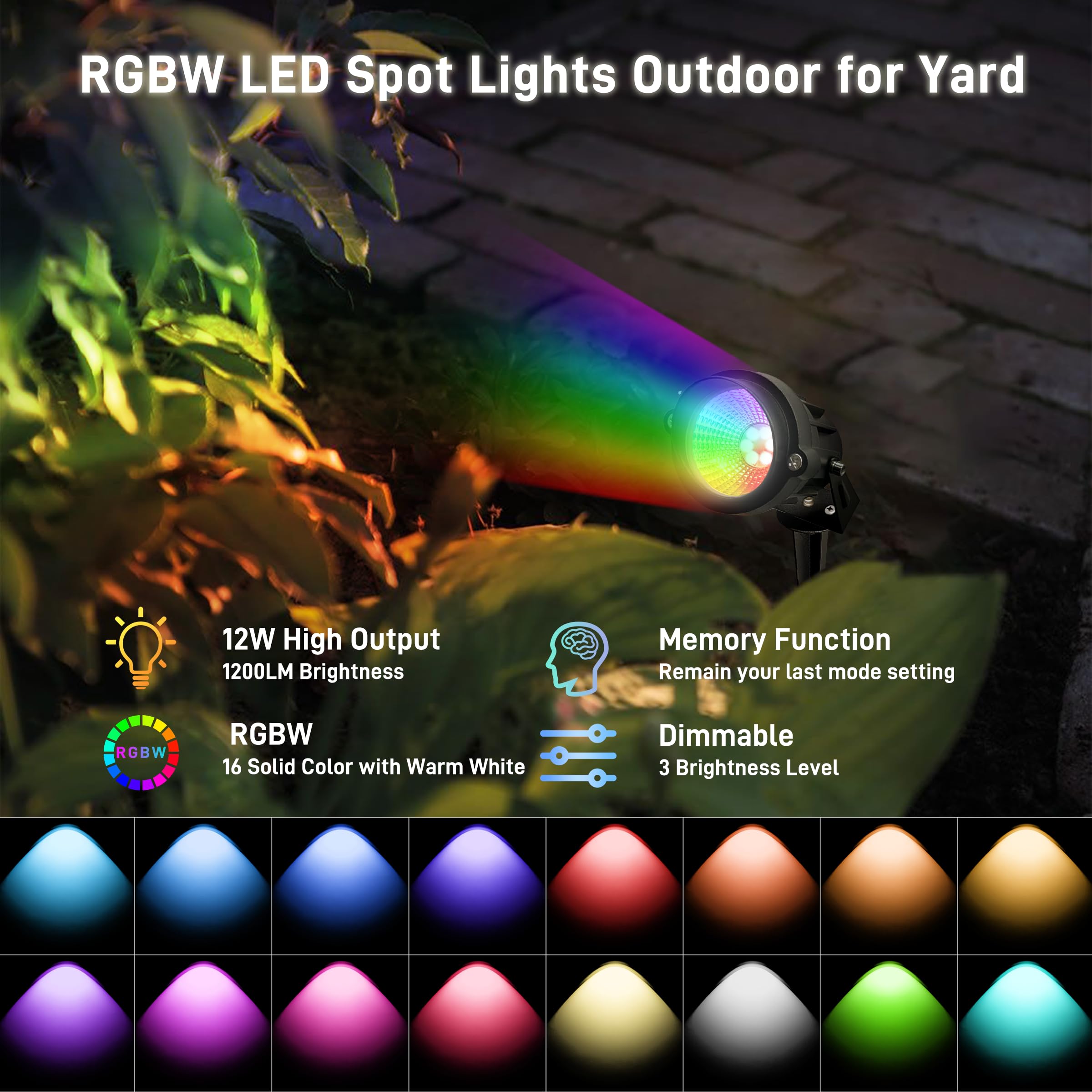 UPONELED RGBW Landscape Spotlight, 12W LED Outdoor Lights with Remote, IP65 Waterproof, 2Pack, Black, Model FBAUPDCD-120V