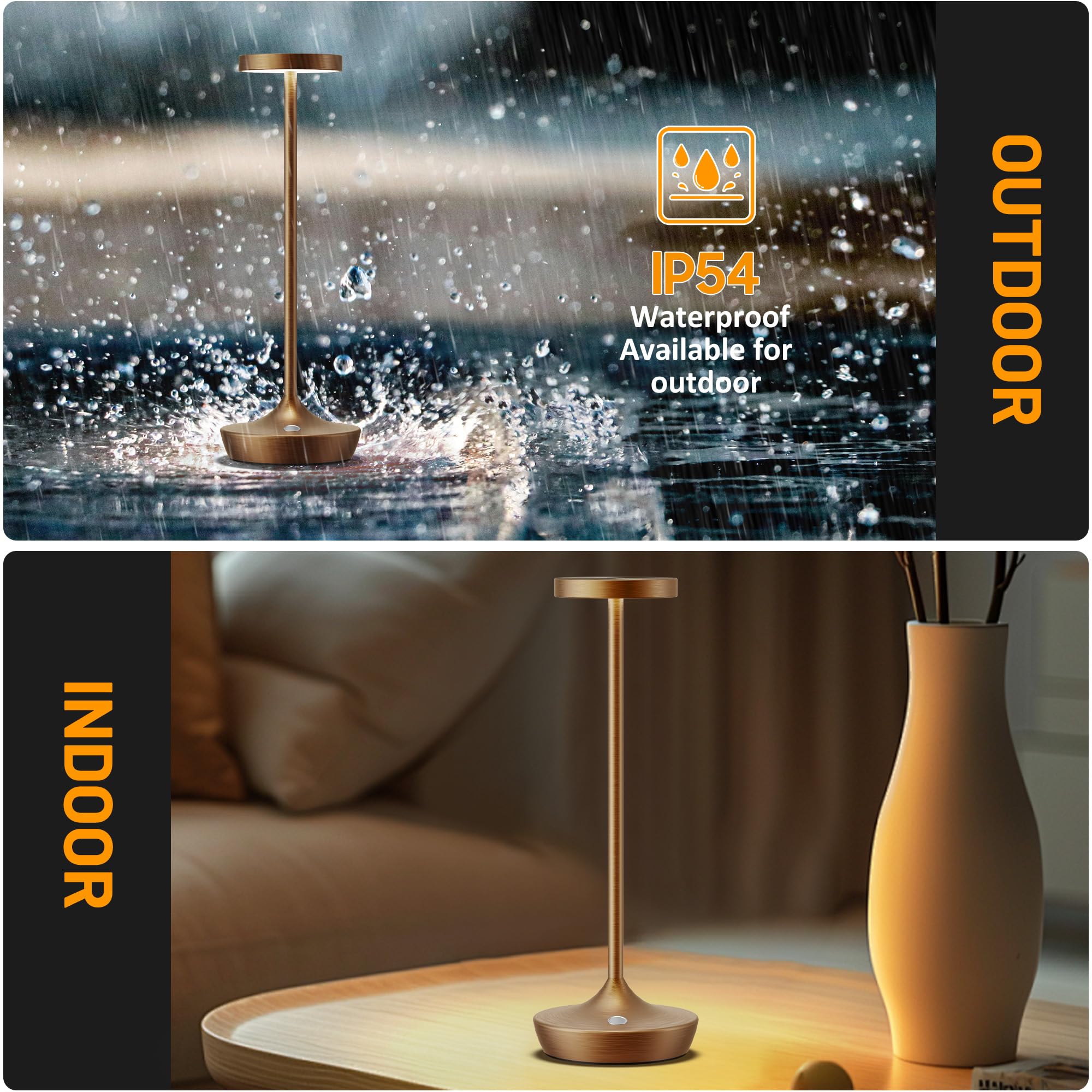 YHT Cordless Table Lamp, Rechargeable LED Desk Lamp, 6000mAh, Waterproof, 3-Color Touch Dimmable, Bronze 2P, Model X86