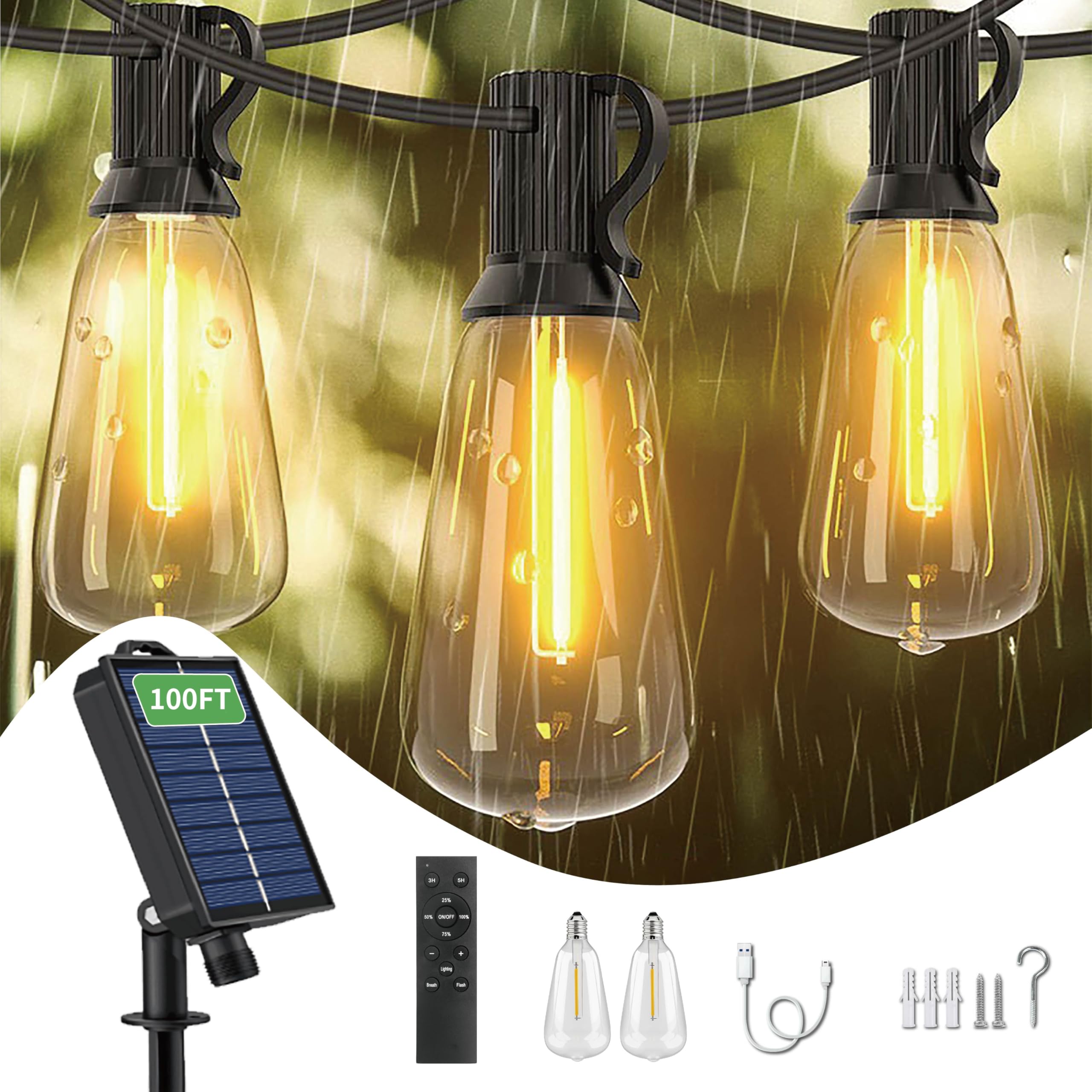 CRLIVOING 100FT Solar String Lights Outdoor Waterproof, 32 Shatterproof with Edison Bulbs,Solar Powered Outdoor Lights with Remo
