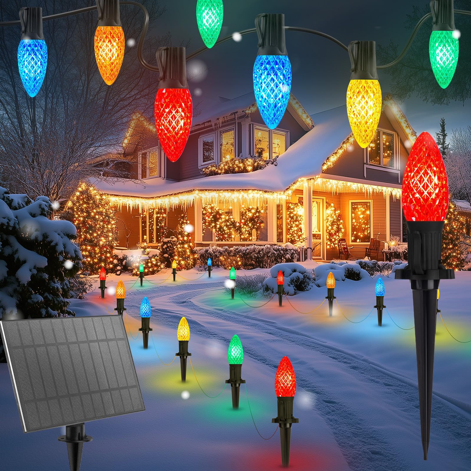 Brightown Solar C9 LED Christmas Lights, 40 Faceted Bulbs, 50Ft, Waterproof, Multicolor