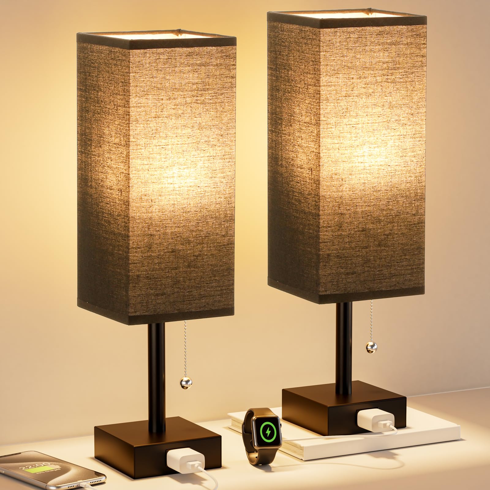 Fenmzee Black Table Lamps For Bedroom Set Of 2 - Nightstand Lamp With Ac Outlet Charging Port, 3 Color Temperatures Desk Light W