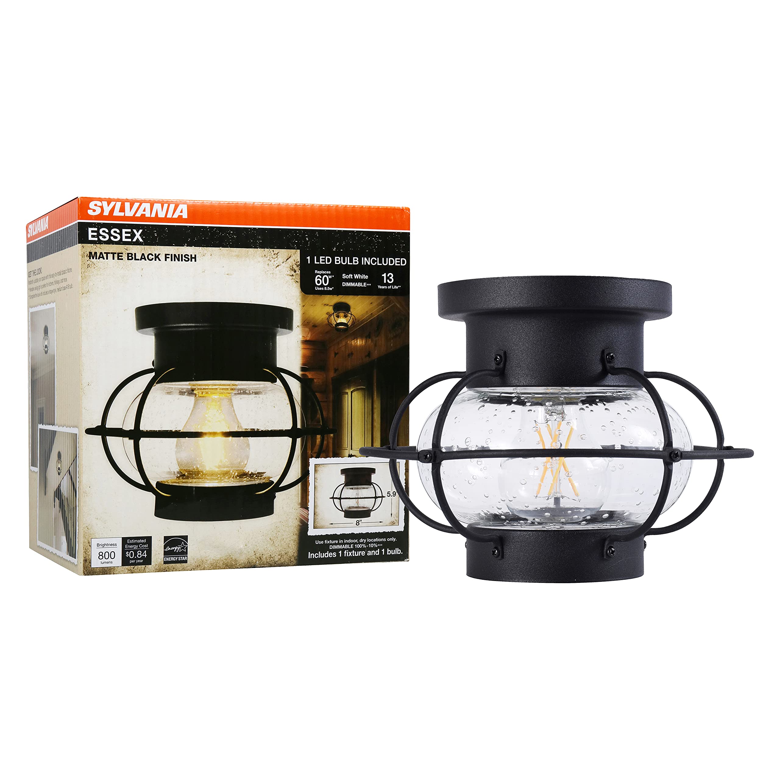 Sylvania Vintage Essex Cage Light Fixture, Semi-Flush Mount, Matte Black Finish, 1 60W Led Dimmable A19 Bulb Included (60115)
