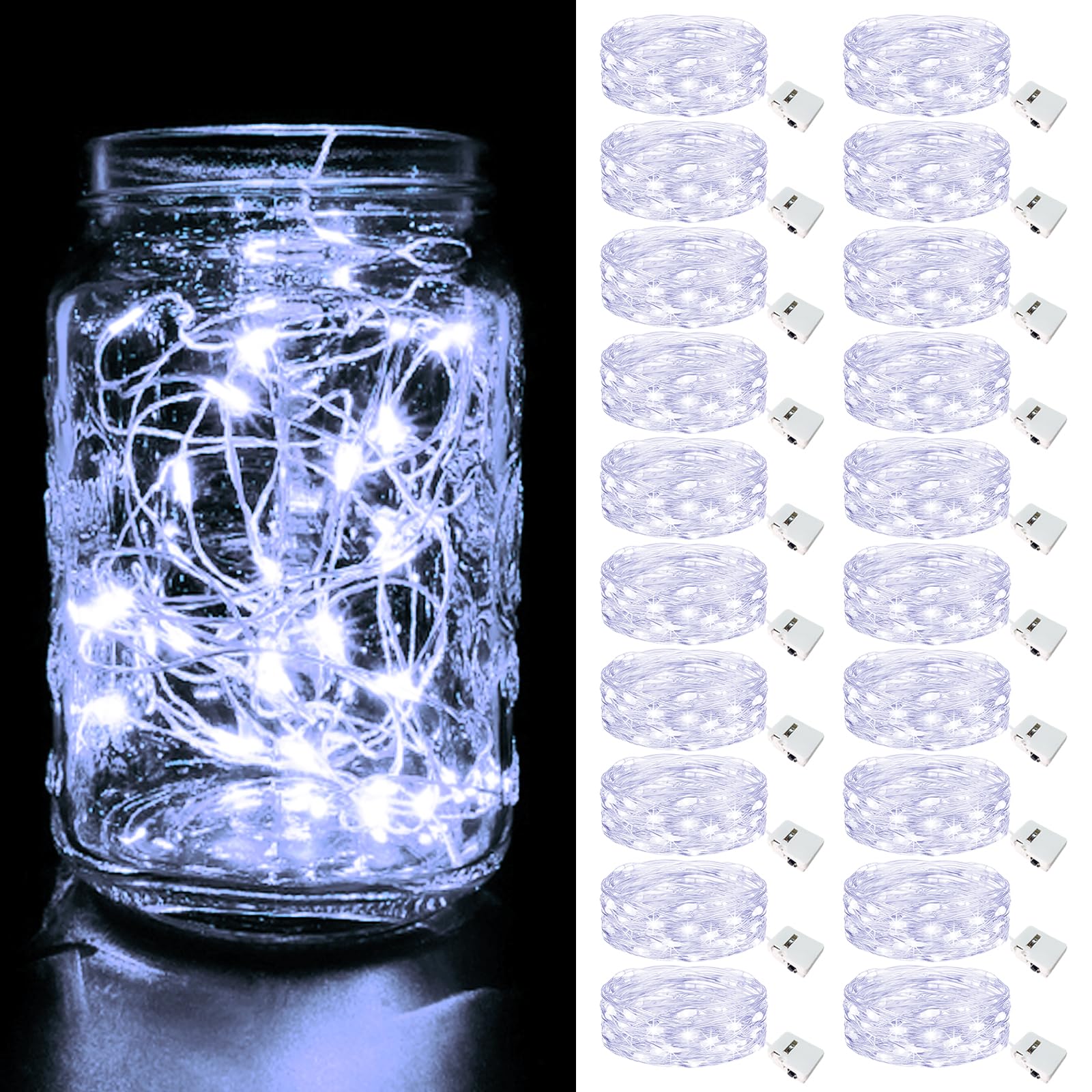 btfarm 20 Pack Fairy Lights Battery Operated  3 Modes 7ft 20 Led Twinkle Lights  Mini Bulk String Lights Waterproof Silver Wire for Mason Jars Christmas Wedding Vases Centerpiece Decor  Cool White
