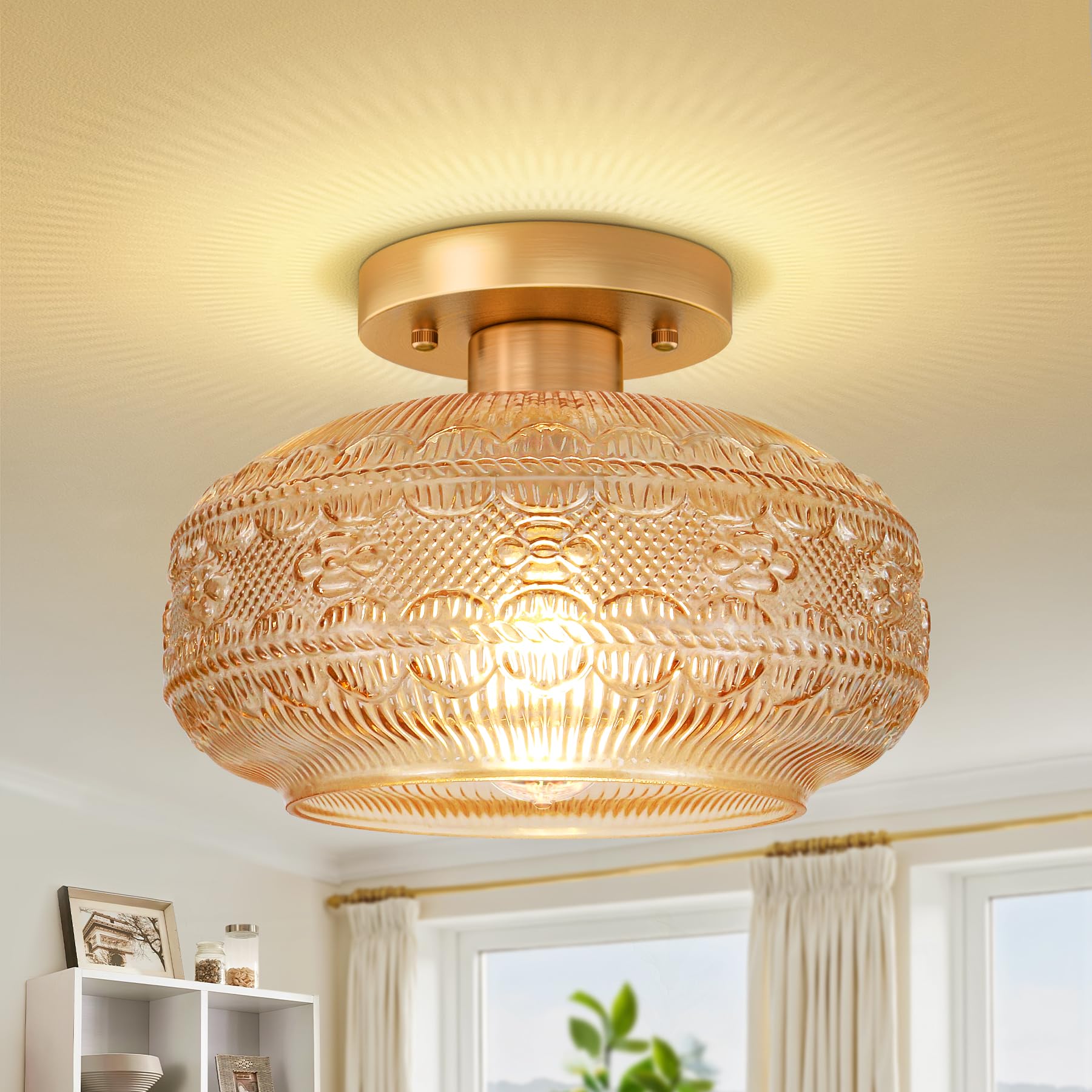 Apoto Semi Flush Mount Ceiling Light Fixture Amber,Vintage Hallway Light Fixture Ceiling,Globe Glass Light Fixtures Ceiling Moun