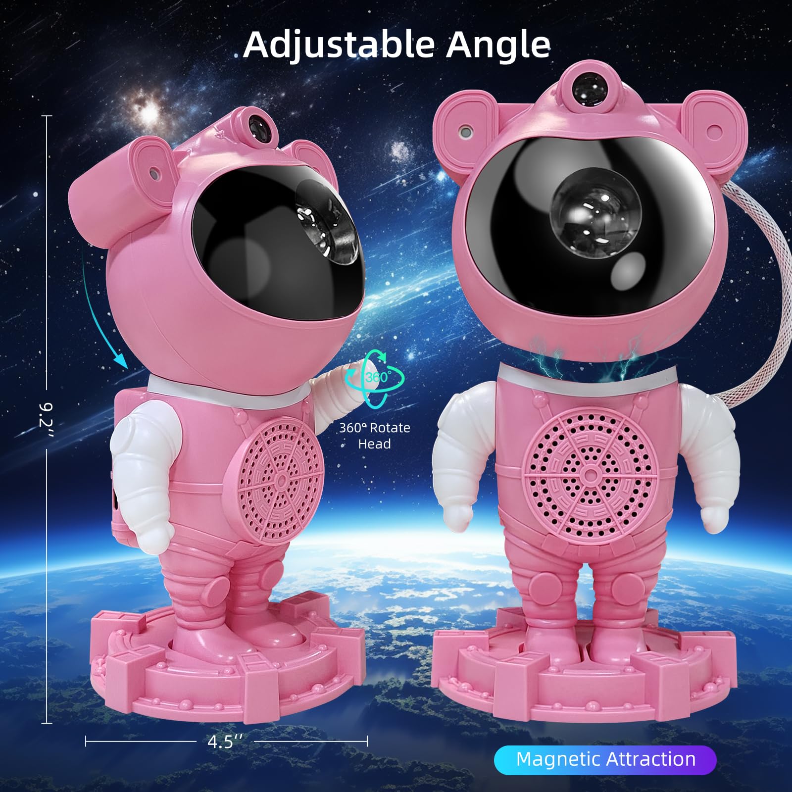 RUISHINE Astronaut Galaxy Projector - Bluetooth Star Moon Nebula Light, 360° Adjustable, Timer, White Noise, Pink (Model: PINK01)