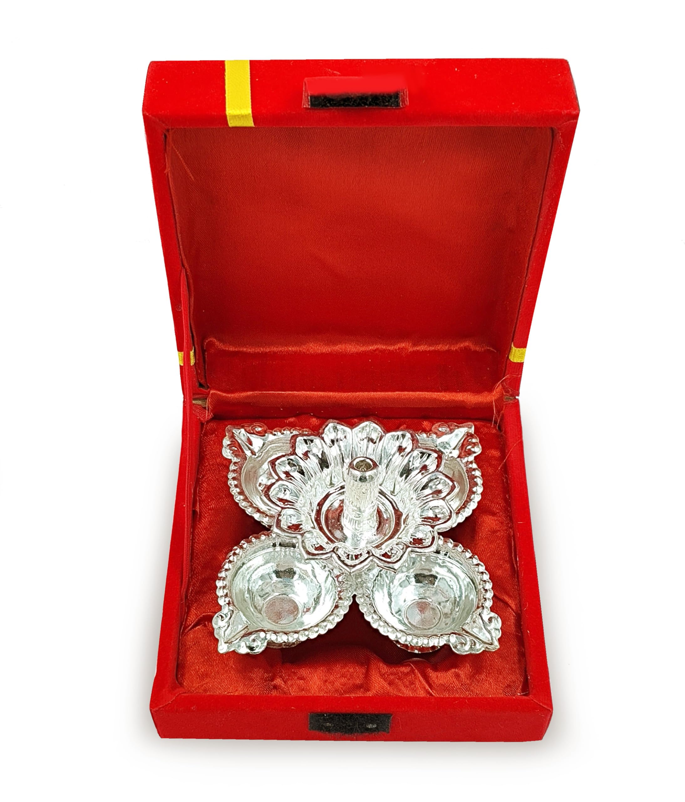 Bengalen Silver Plated Diya, Handmade Daily Oil Lamp, Pack Of 1, Red Velvet Gift Box, Traditional Indian Deepawali Decoration