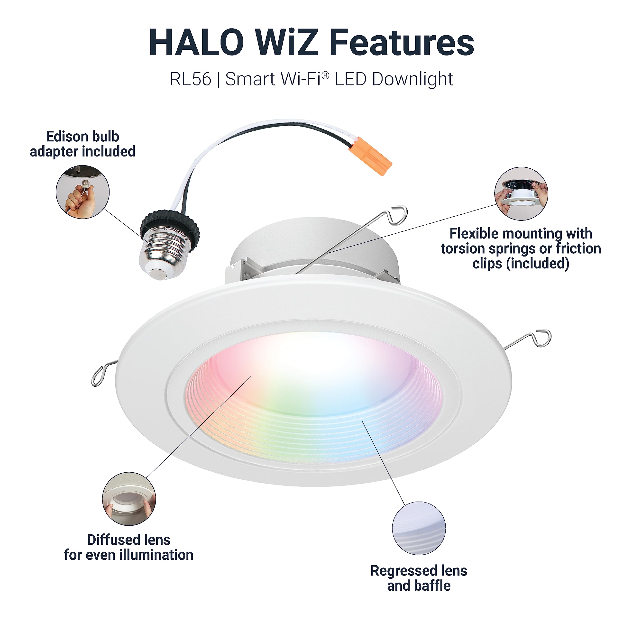HALO Smart Wi-Fi Recessed LED Light, 5/6 inch, Dimmable Full Color, Model RL56069WZRGBWWHR, Plastic, Motion Sensor, Smart Home