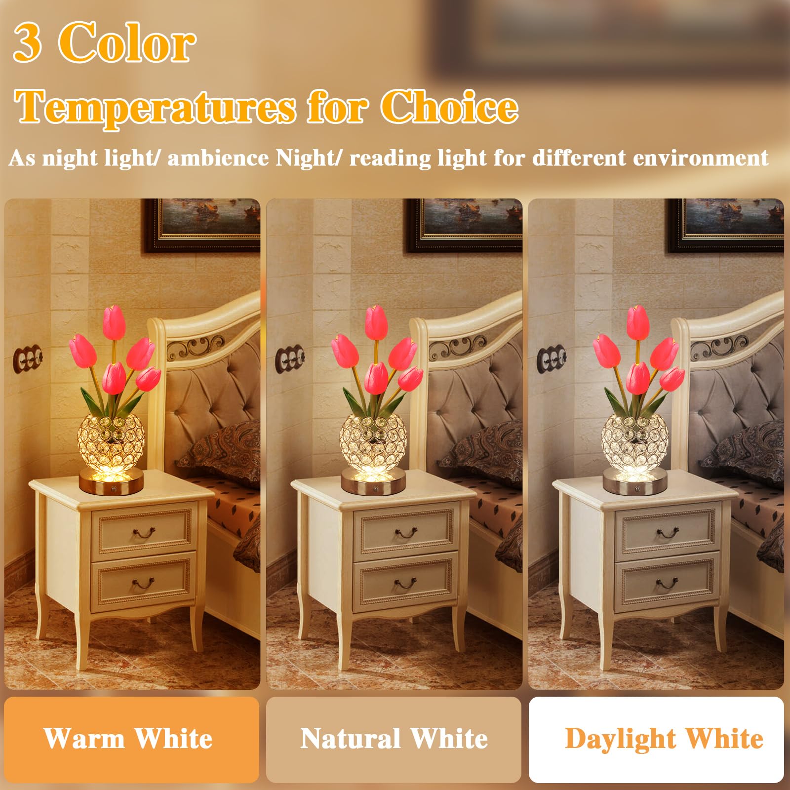 Mothers Day Gifts/Birthday Gifts For Women/Mom Table Lamp, 3 Color Crystal Flower Bedside Lamps Infinitely Dimming With Usb Char