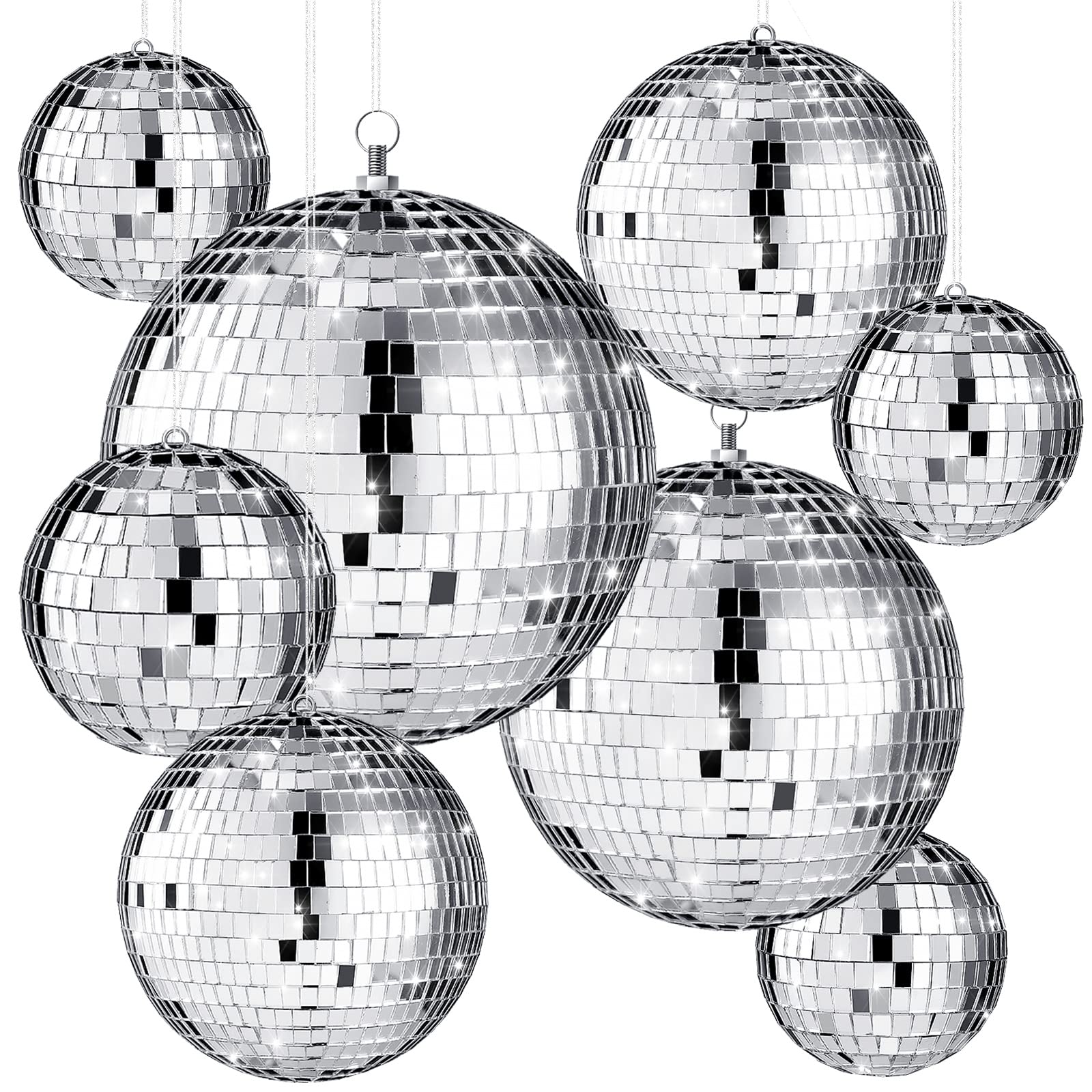 Haull 8 Pcs Large Disco Ball Set, Silver Mirror, Foam & Glass, 12in /8in /6in /4in  - Party Decoration for Stage, Club, Wedding