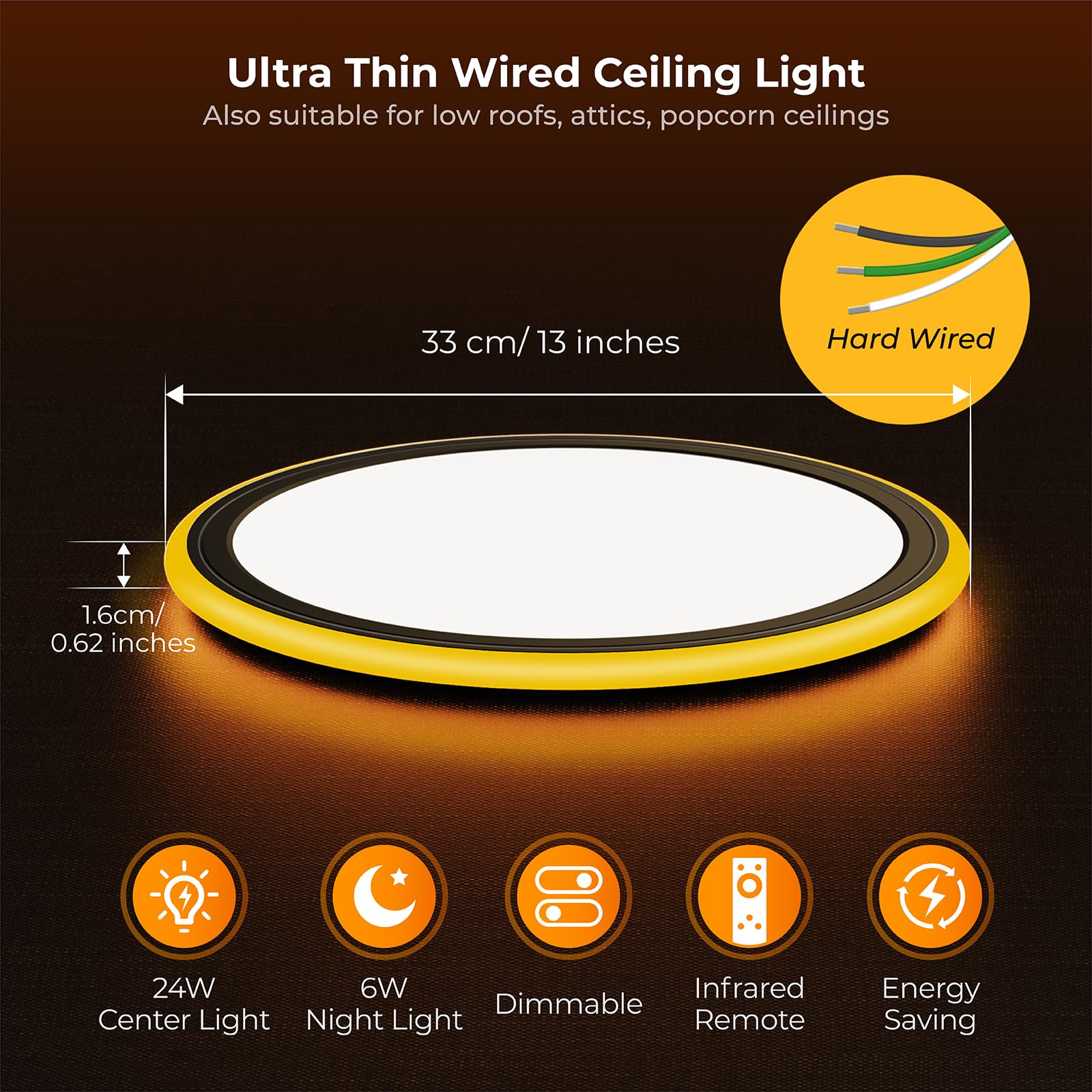 Blnan 13In Led Flush Mount Ceiling Light Fixture With Remote Control, Dimmable Night Light 2000K, 3000K-6500K 24W Wired Low Prof