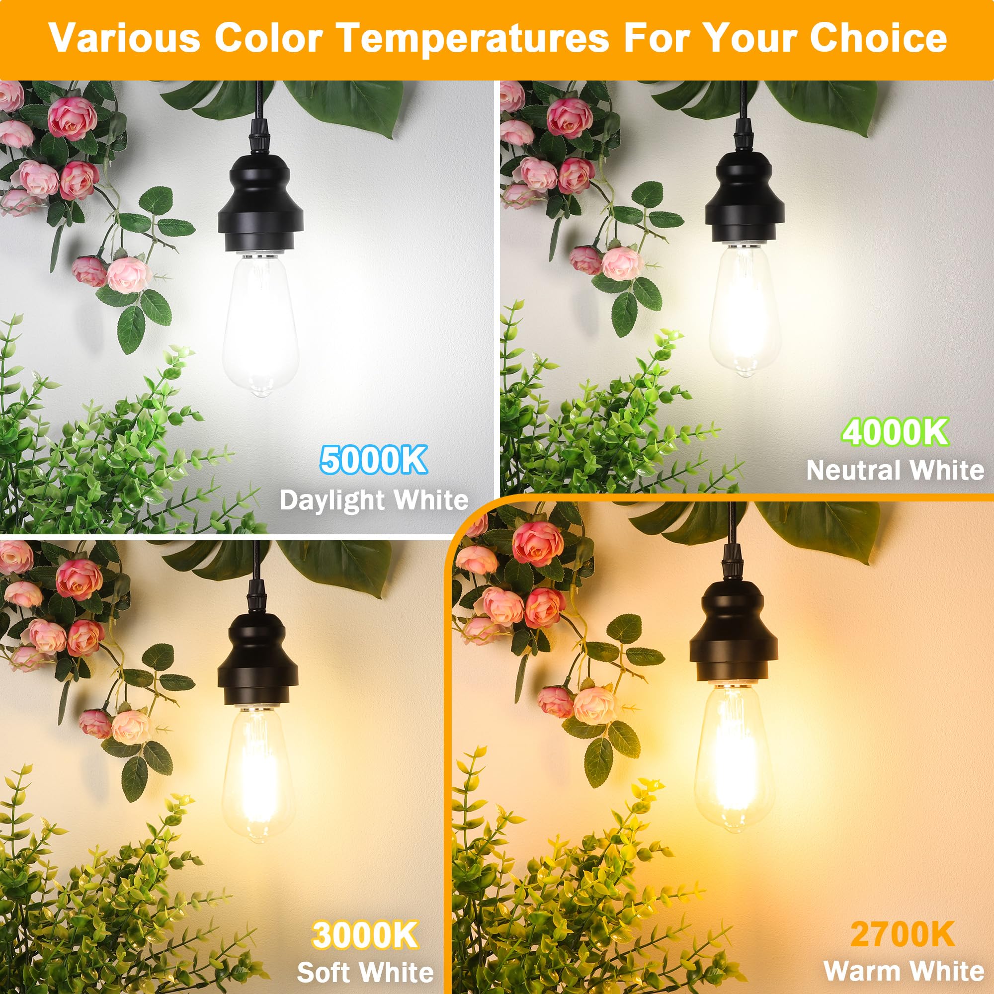 Asomst Vintage Edison Bulbs 60W Equivalent 850Lm, 6W Led Light Bulb Warm White 2700K, St58 Filament Lighting E26 Base, Non-Dimma