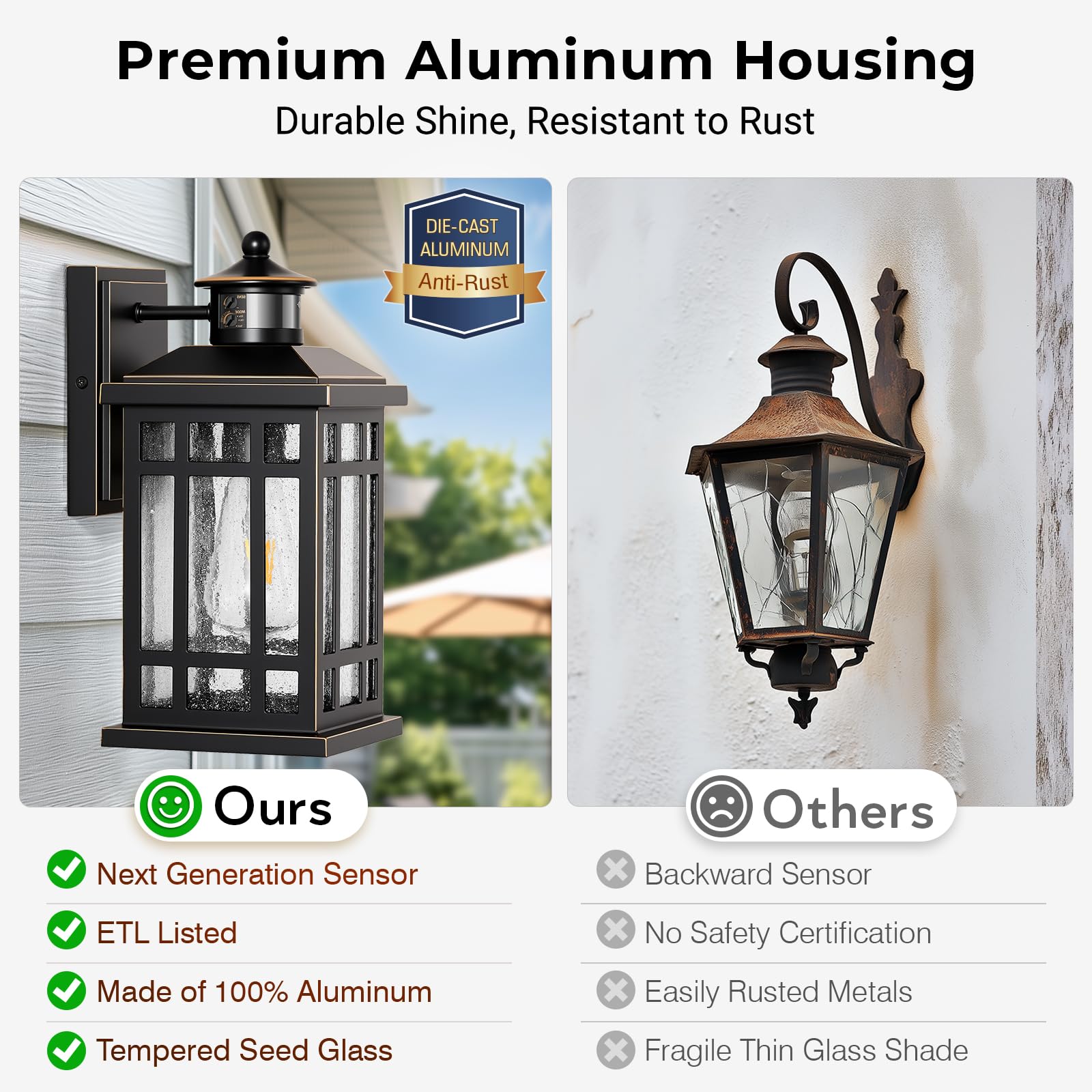 Distance-Adjustable Outdoor Lights For House  Modern Black Motion Sensor Outdoor Light With Gold Trim  Waterproof Dusk To Dawn Exterior Lighting Fixtures  Anti-Rust Outdoor Lanterns For Porch  Garage