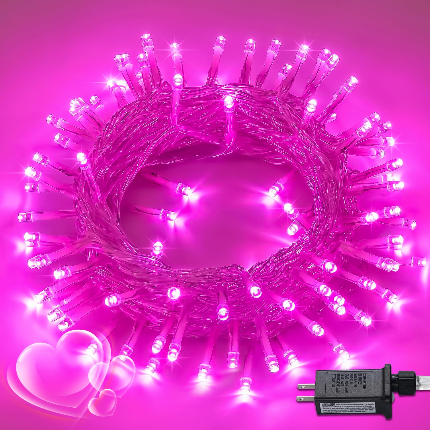 Pink String Lights Plug in - 200 Led Pink Christmas Lights Outdoor Waterproof, 66ft Extendable Clear Wire Pink Lights for Valent