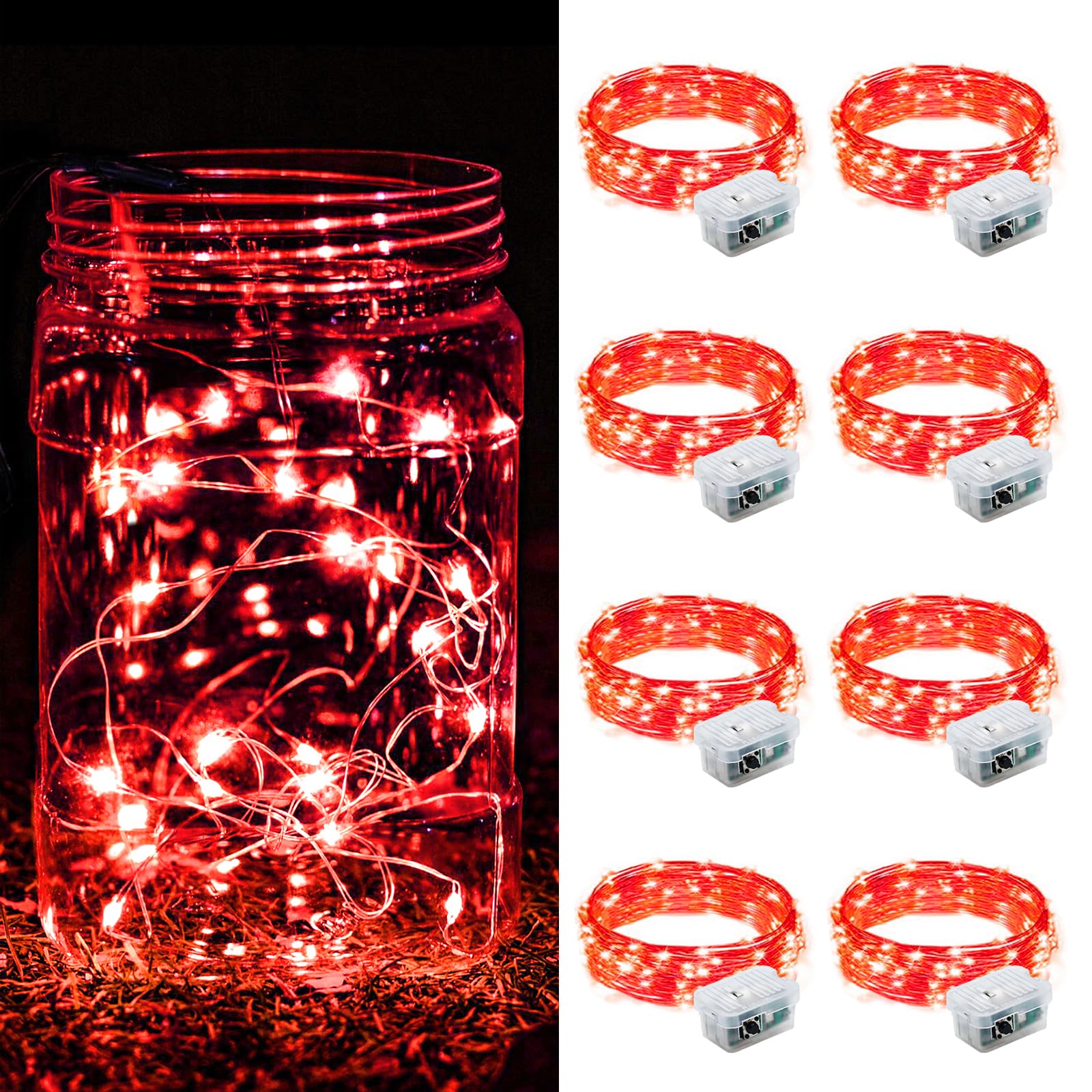 ZGWJ 8 Pack Fairy Lights Battery Operated  7FT 20LED Mini Fairy String Lights Silver Wire 3 Modes for DIY  Parties  Wedding  Bedroom  Halloween Christmas Decoration- Red