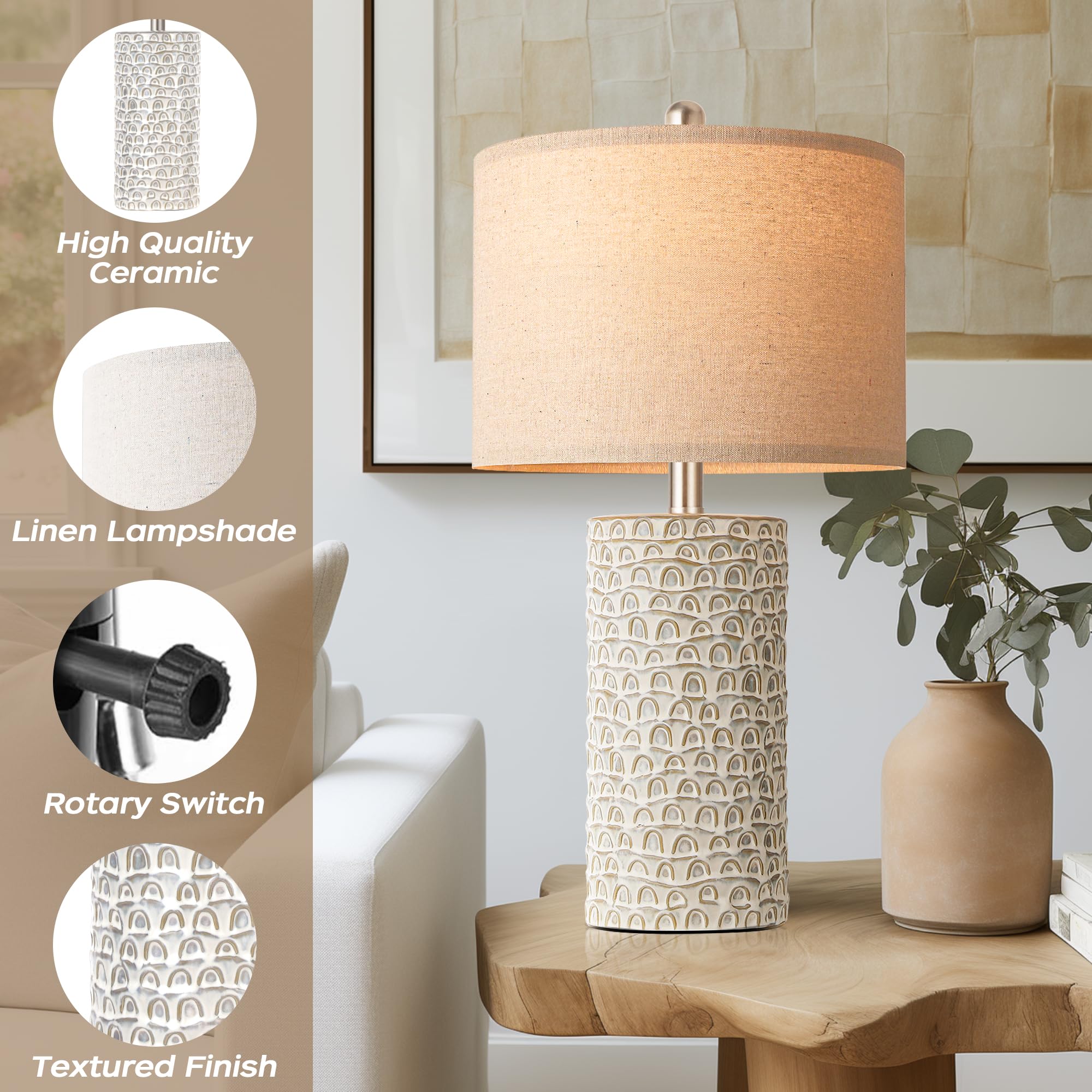 Partphoner Ceramic Table Lamp Set Of 2, 23 Grey & White Rustic Farmhouse Nightstand Lamps, Model Str-Dl-0005