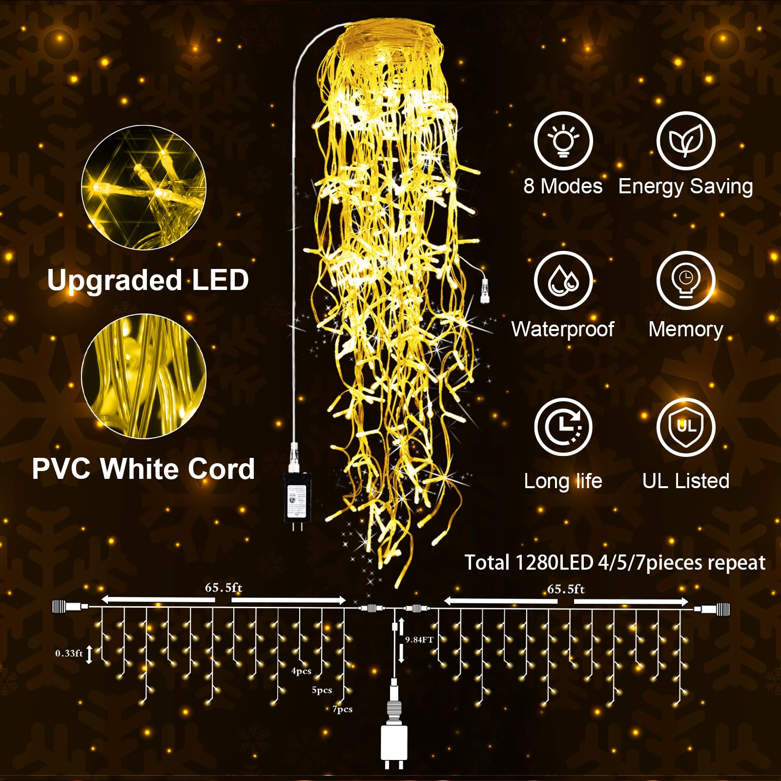JXLEDAYY 1280 LED Christmas Lights Outdoor Warm White 131 FT Clear Wire 8 Modes Waterproof Model BG-CL3M3-306L01