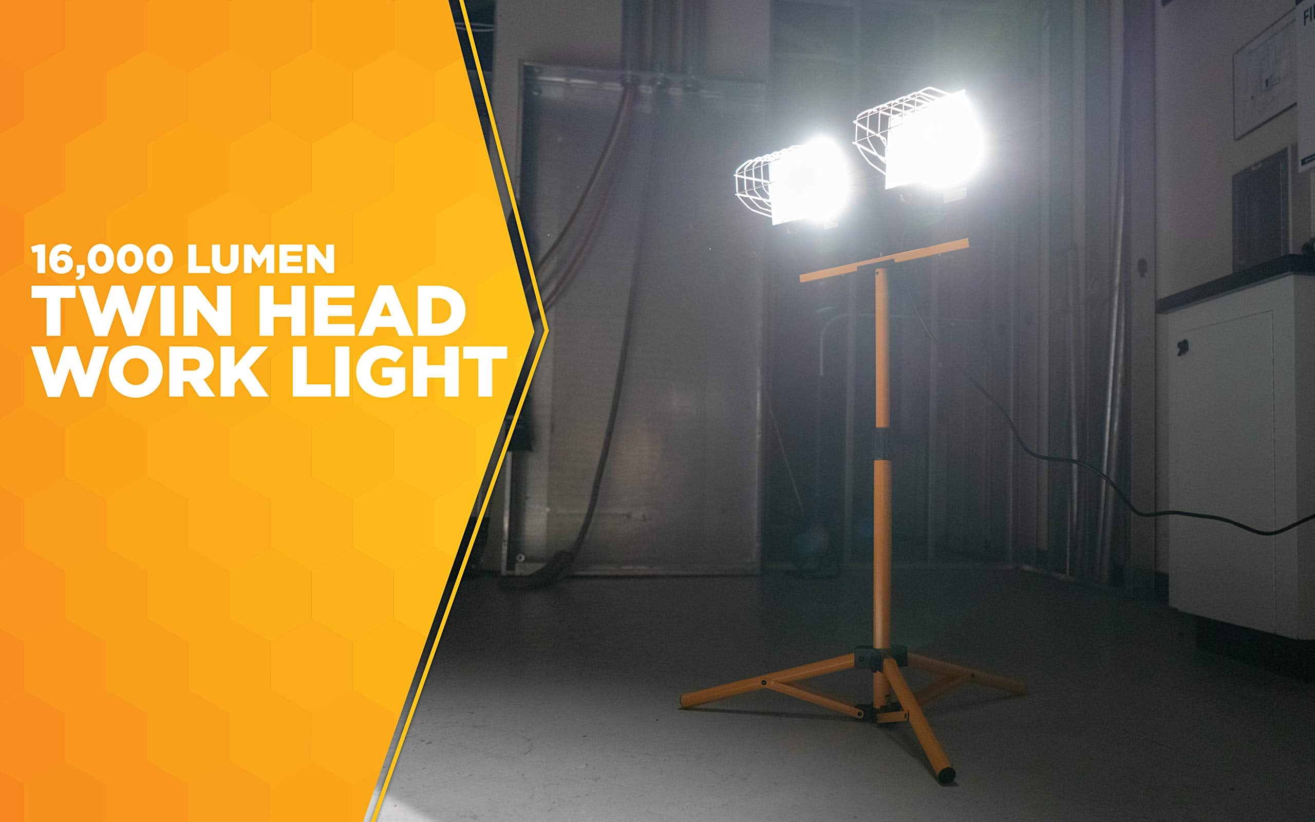 Woods L13 Twin Head Work Light, Adjustable Tripod Up To 42 Inches Tall, 16,000 Lumen, 4-Foot 18/3 Cord, Cord Storage Bracket, Weather Proof Power Switch Per Lamp For Individual Control (Includes 2 500-Watt Quartz Halogen Bulbs)
