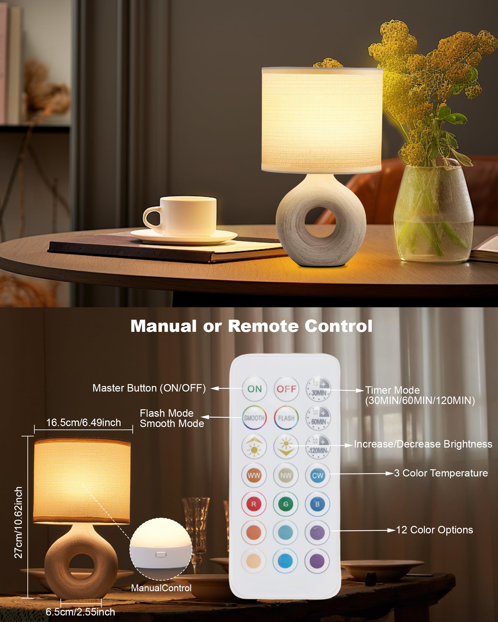 UMEXUS Small Cordless Table Lamp - Rechargeable, Timer & Dimmer, Beige Fabric Shade, Model 90010-90011, Portable Light for Indoor & Outdoor Use