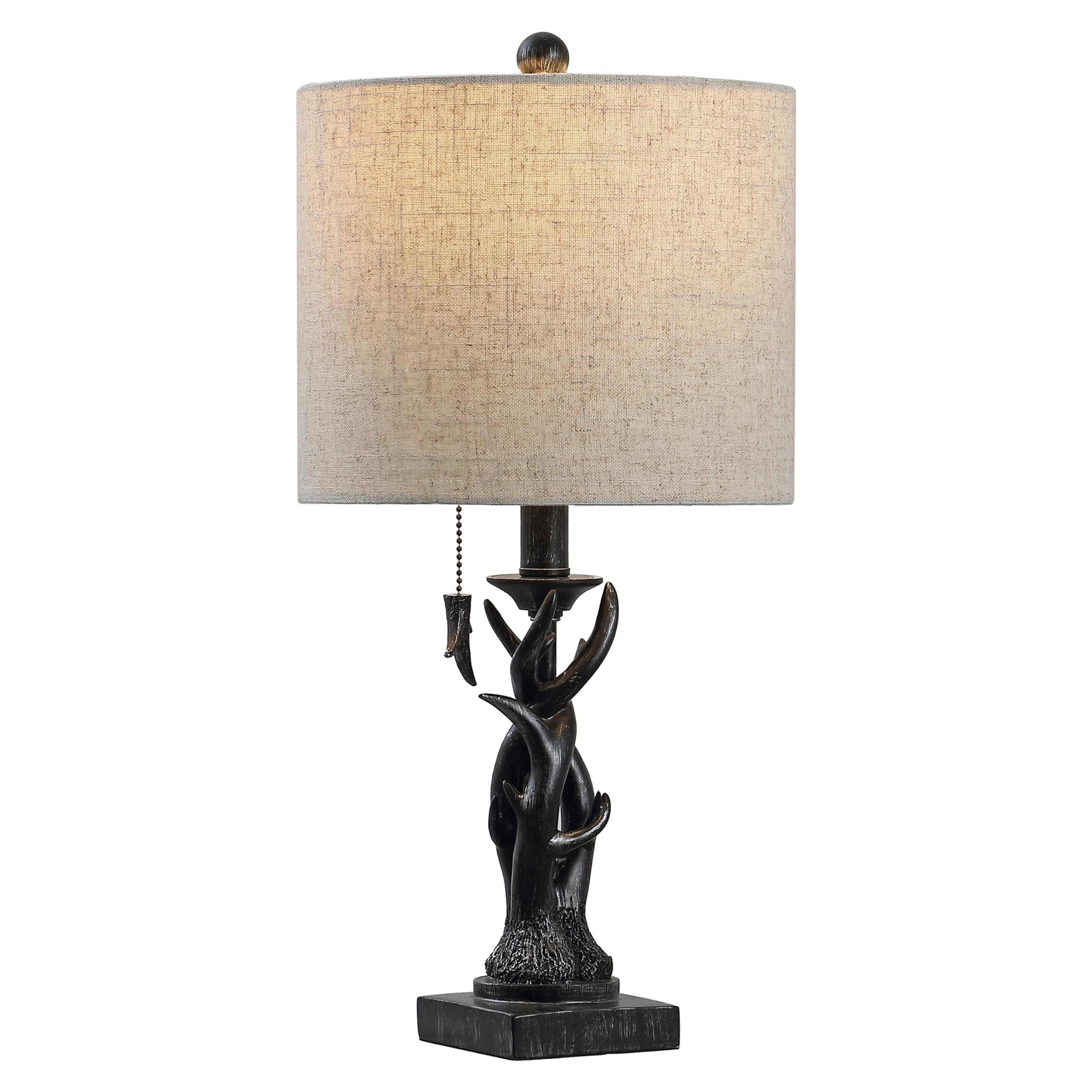 JONATHAN Y 20.5 Antique Black Rustic Antler Table Lamp for Bedroom Farmhouse Decor, Mini Faux Antler Desk Lamp with Gray Linen S