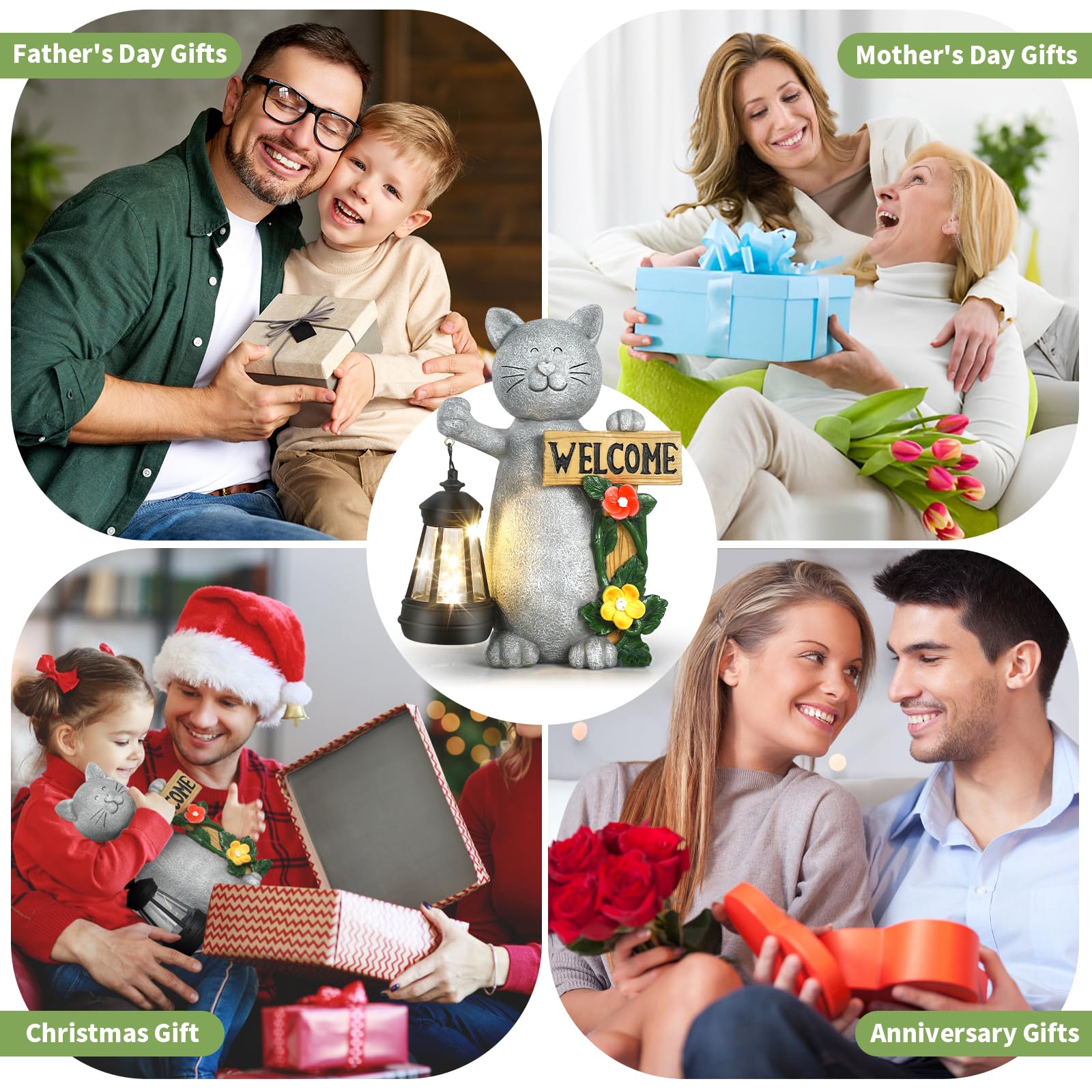 Json Garden Statue Solar Cat Figurine With Lantern, Solar Garden Decorations Statues For Patio, Balcony, Yard Ornament, Unique H