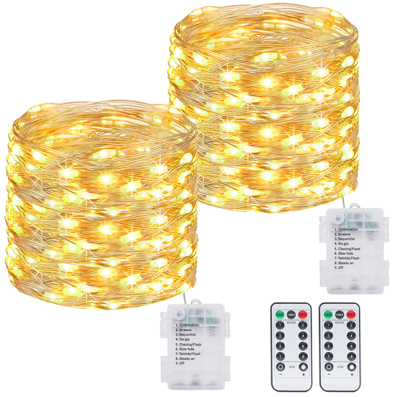 kolpop 2 Pack 39FT Fairy Lights Battery Operated with Timer & Remote, Waterproof 120 LED Twinkle String Lights Outdoor Indoor 8 Modes for Bedroom Party Indoor Mason, Warm White