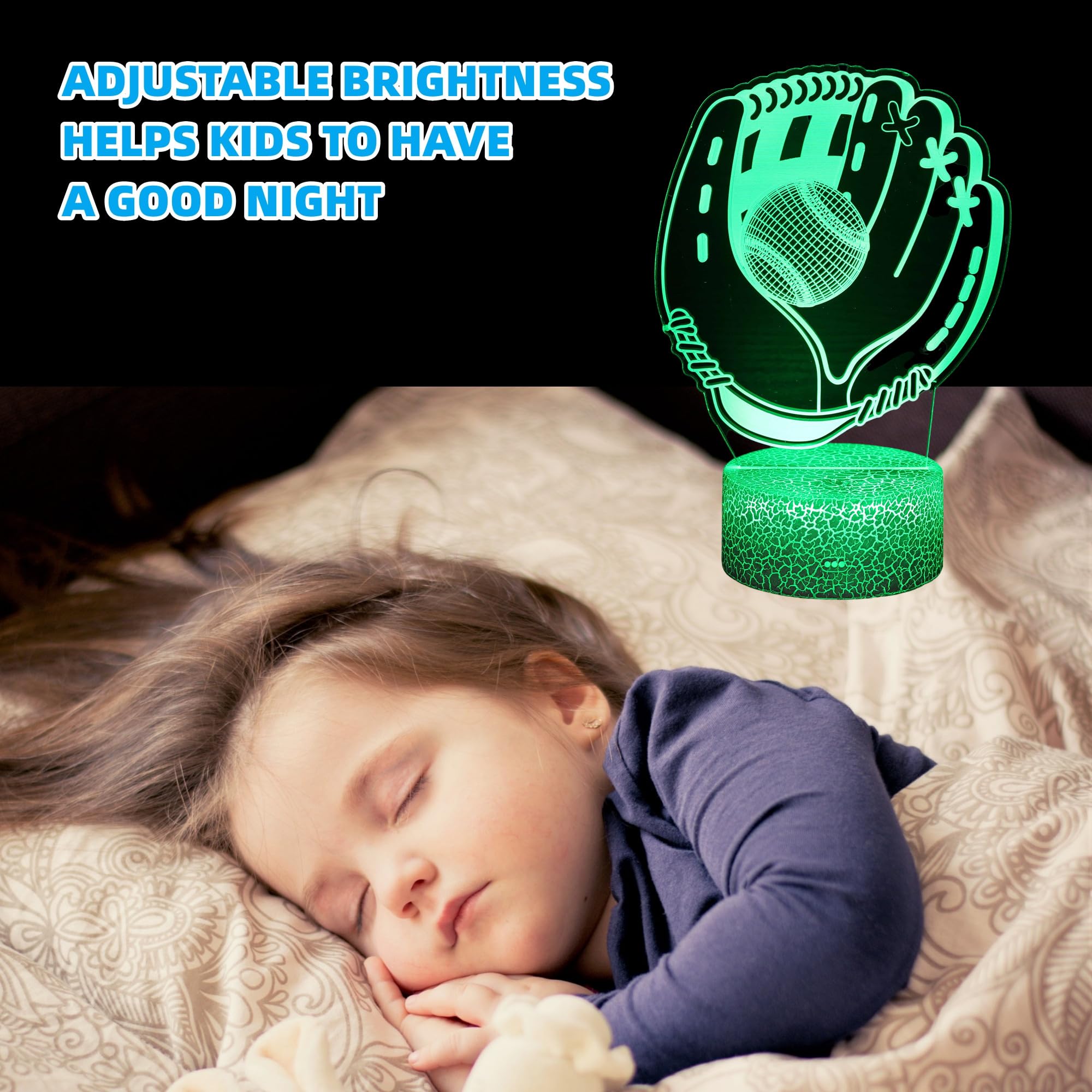 Kenmaca Baseball Player Night Light For Kids Bedroom, 3D Illusion Lamp, 3 Patterns 16 Colors Changing Dimmable Room Decor, Touch