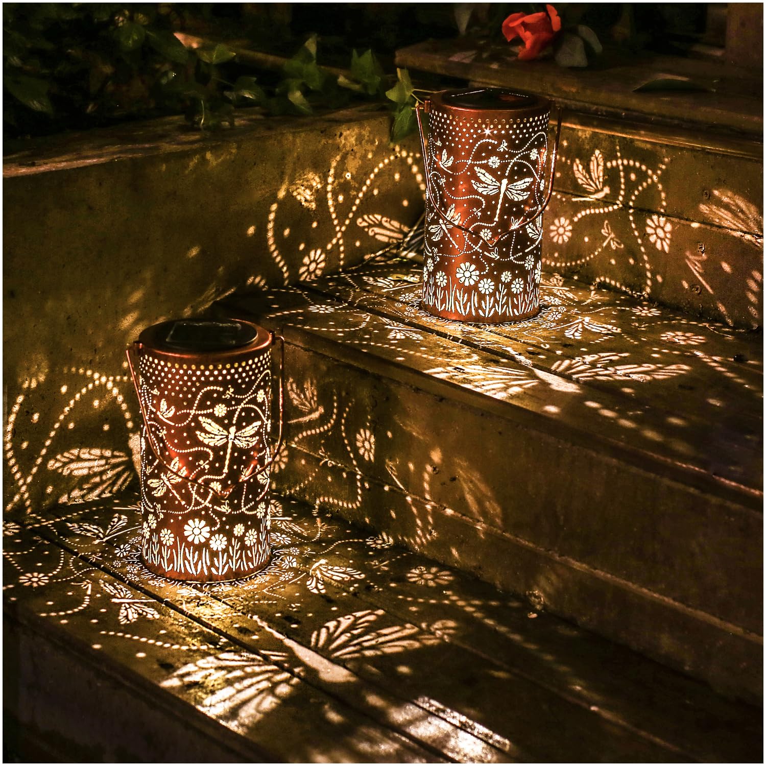 2 Pack Dragonfly Outdoor Solar Hanging Lanterns Waterproof LED Solar Lights Metal Decorative Lanterns for Garden, Patio, Courtya