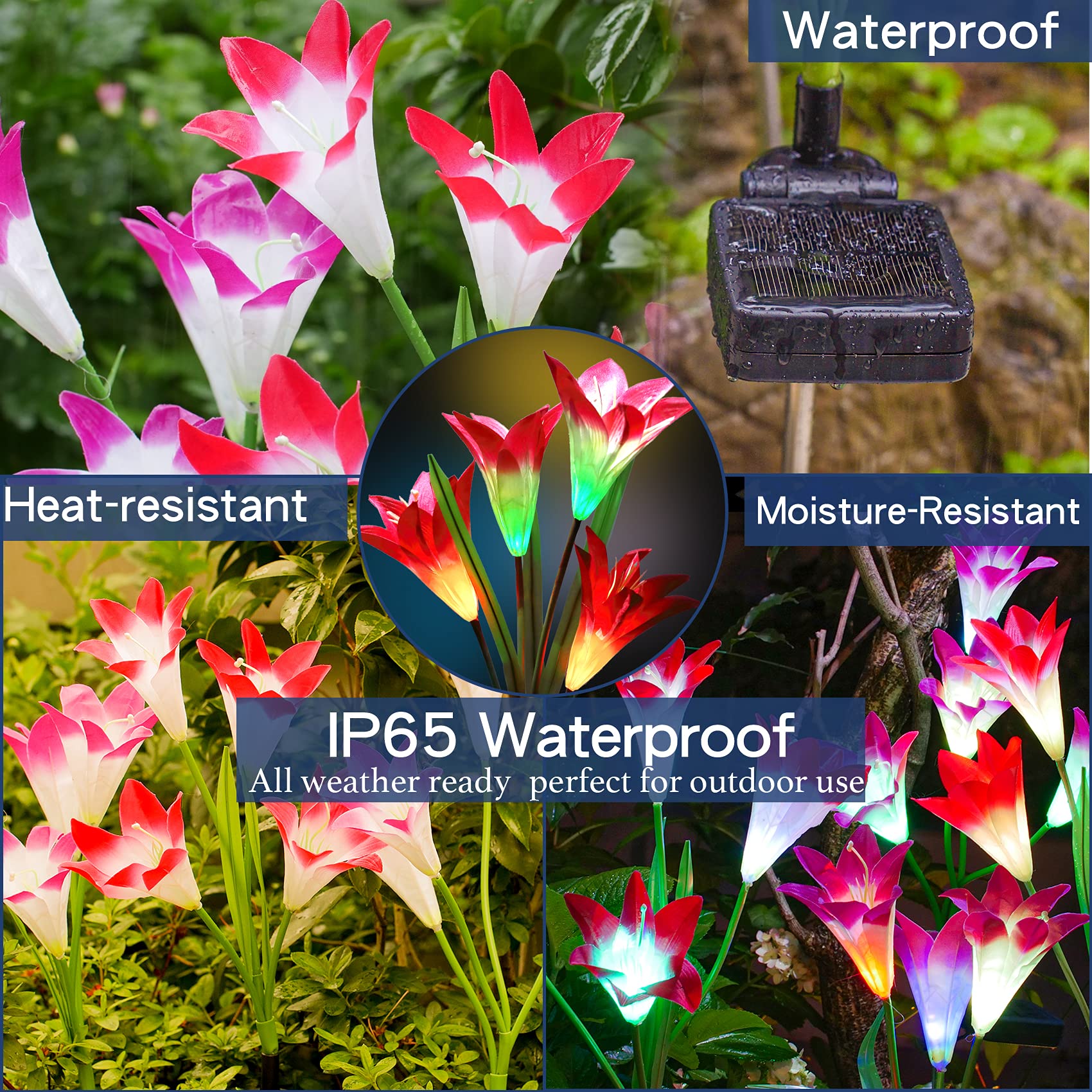 Tonulax Solar Garden Lights - Multi-Color Lily Outdoor Decor, 2 Pack, Fabric & Glass, Purple & Red