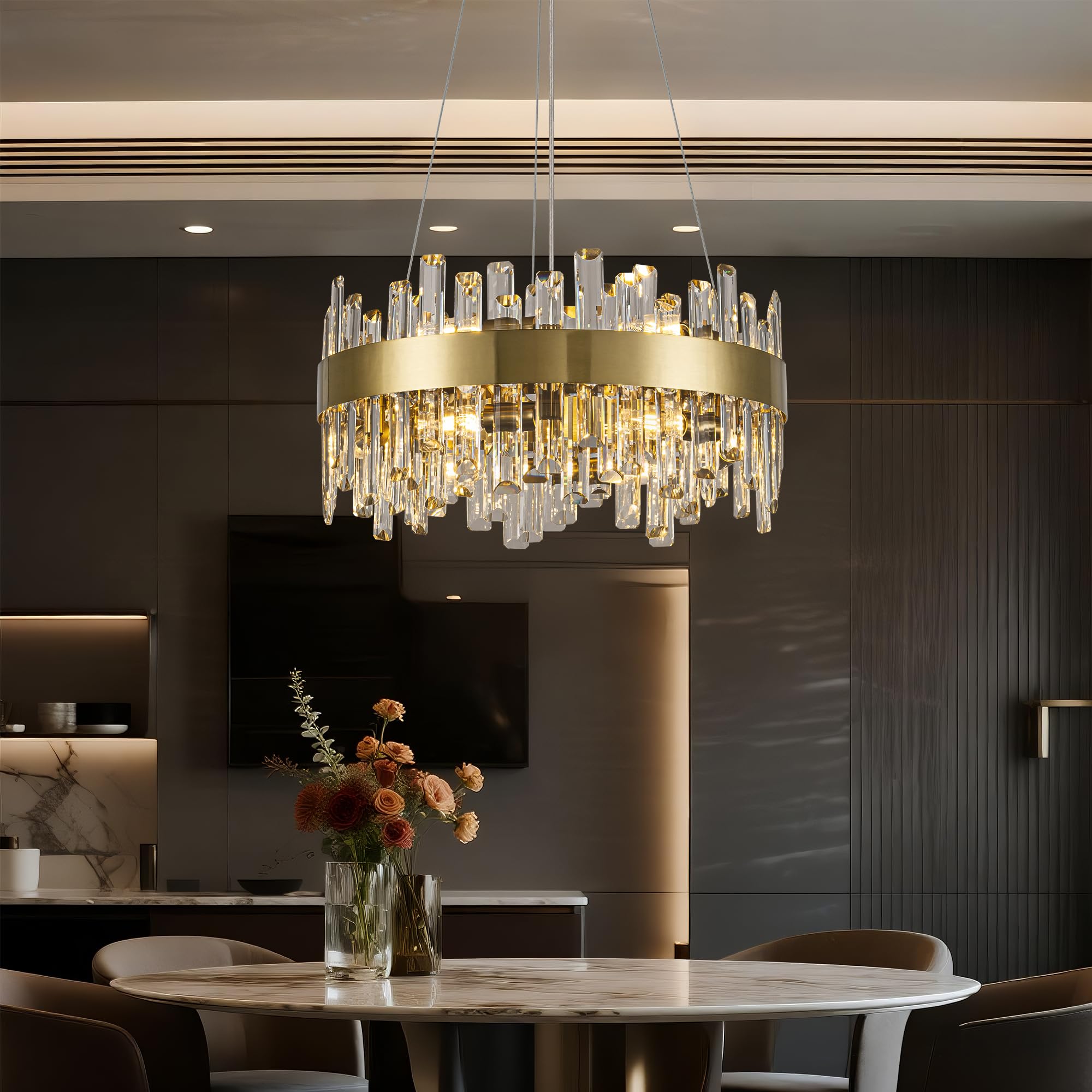 MAYNA Modern Round Copper Color Crystal Chandelier 12 Lights Height-Adjustable Rectangular Crystal Ceiling Light Suitable for Dining Rooms Living Rooms and Kitchen Island L19.7