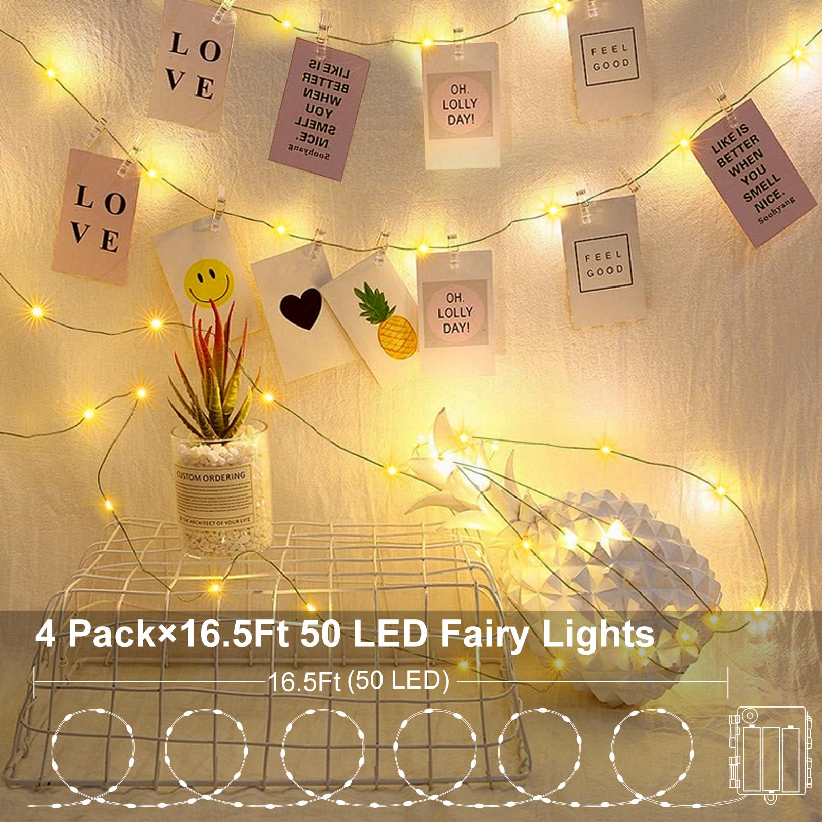 ZAIYW Battery Fairy Lights 50 LED 16.5Ft Dark Green Copper Wire Waterproof with Remote Timer, Warm White, Model DB200